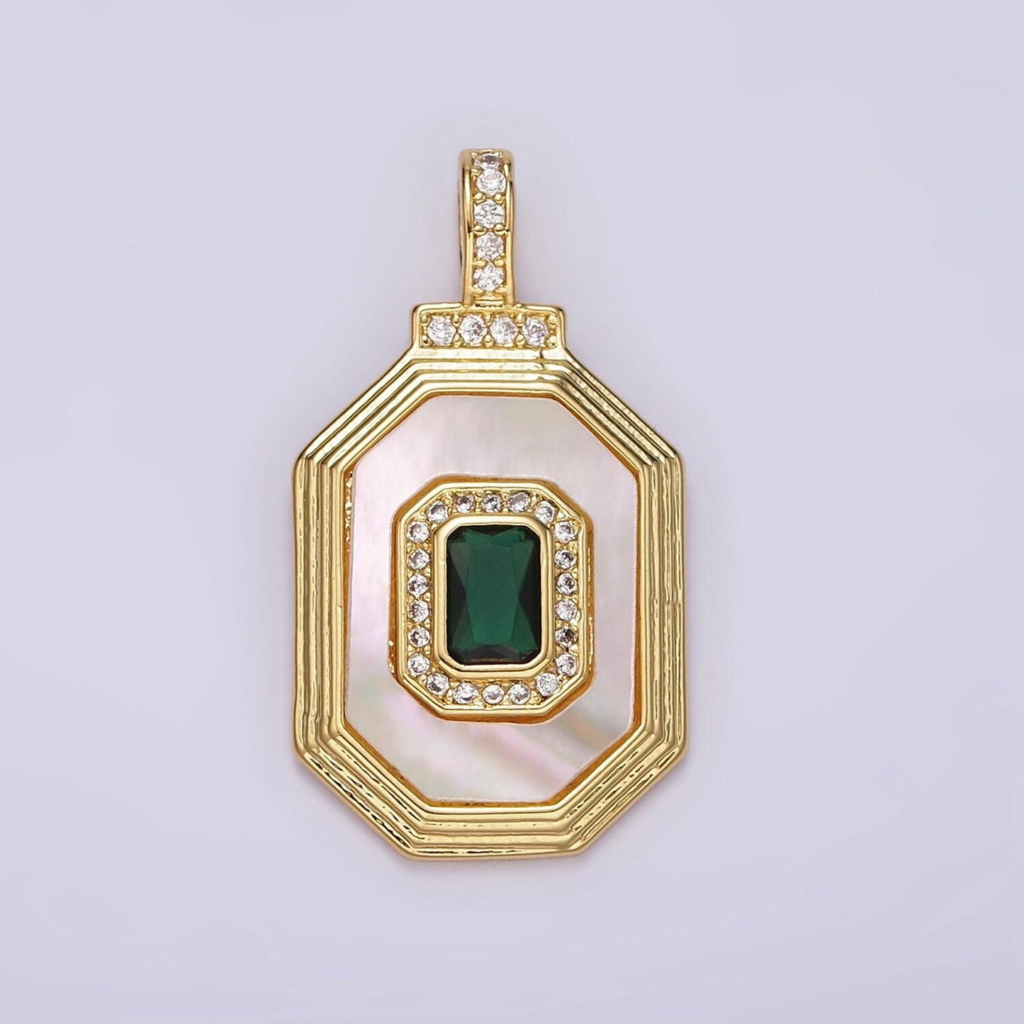 14k gold filled clear, green baguette shell pearl micro paved cz bail octagonal pendant | ah031 ah032