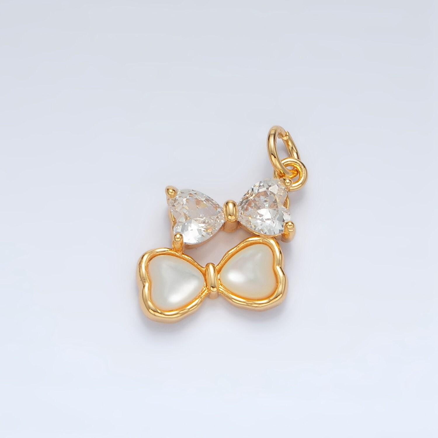Gold filled double bow charm cz & shell pearl | ag-934