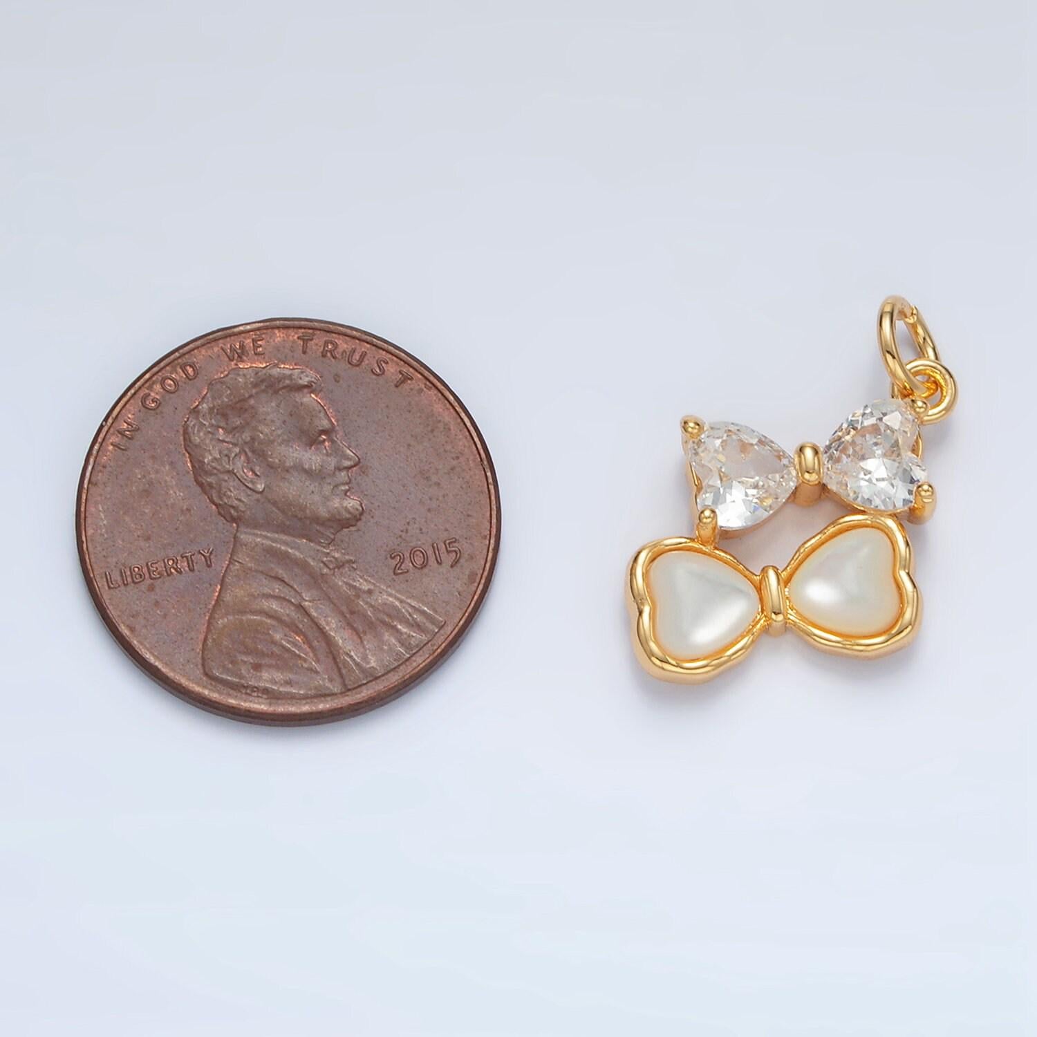 Gold filled double bow charm cz & shell pearl | ag-934