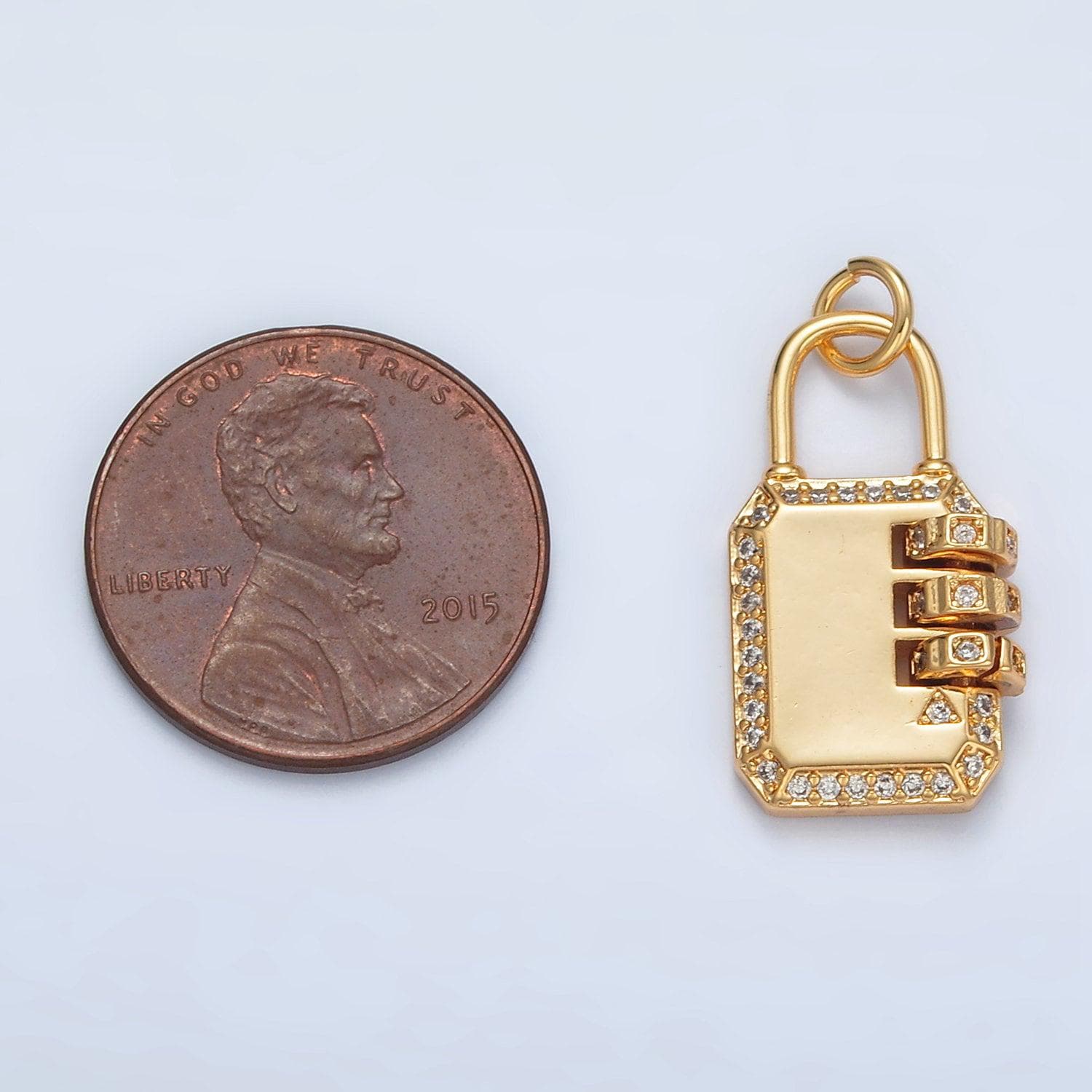 Mini combination padlock charm for back school gym locker gold fill over brass clear cz lock pendant jewelry ag-928