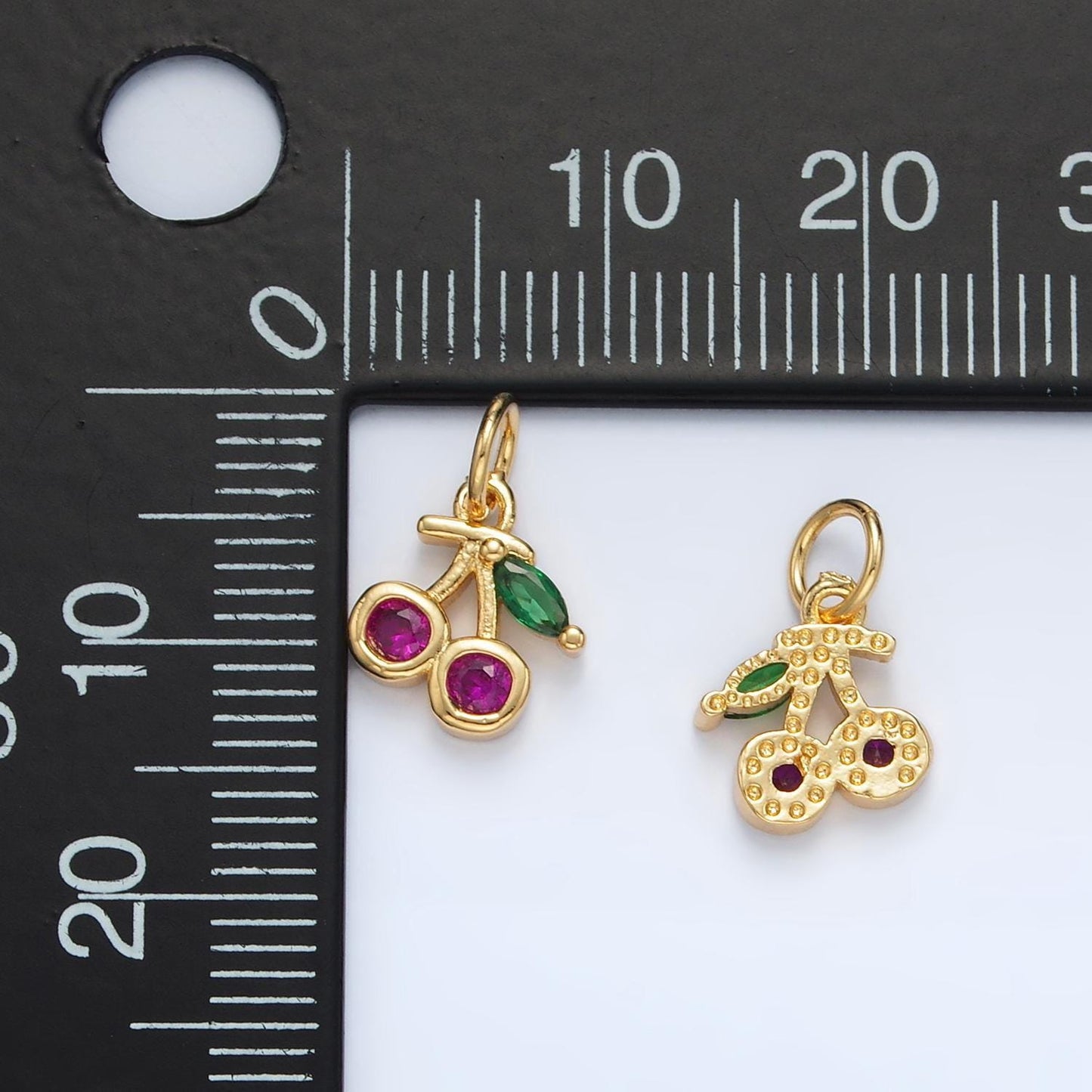 Tiny 24k gold filled fuchsia cherry marquise leaf cz fruit add-on charm | ag870