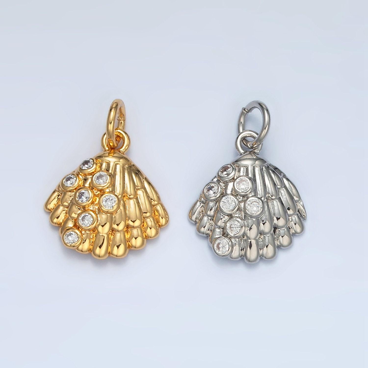 24k gold filled 15mm clam shell cz charm in gold & silver | ag-862
