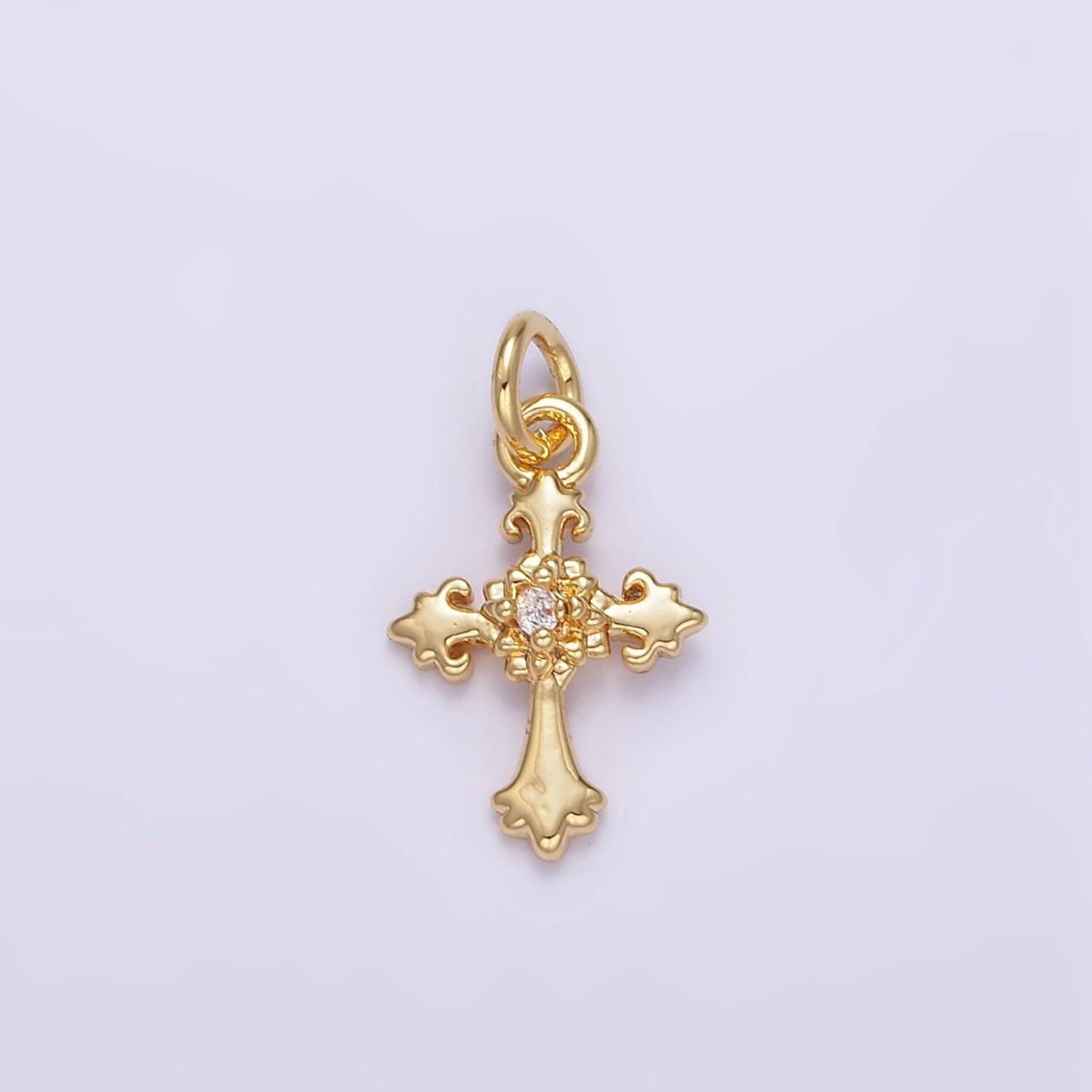 Mini gold cross pendant clear cubic zirconia victorian old english cross charm ag845