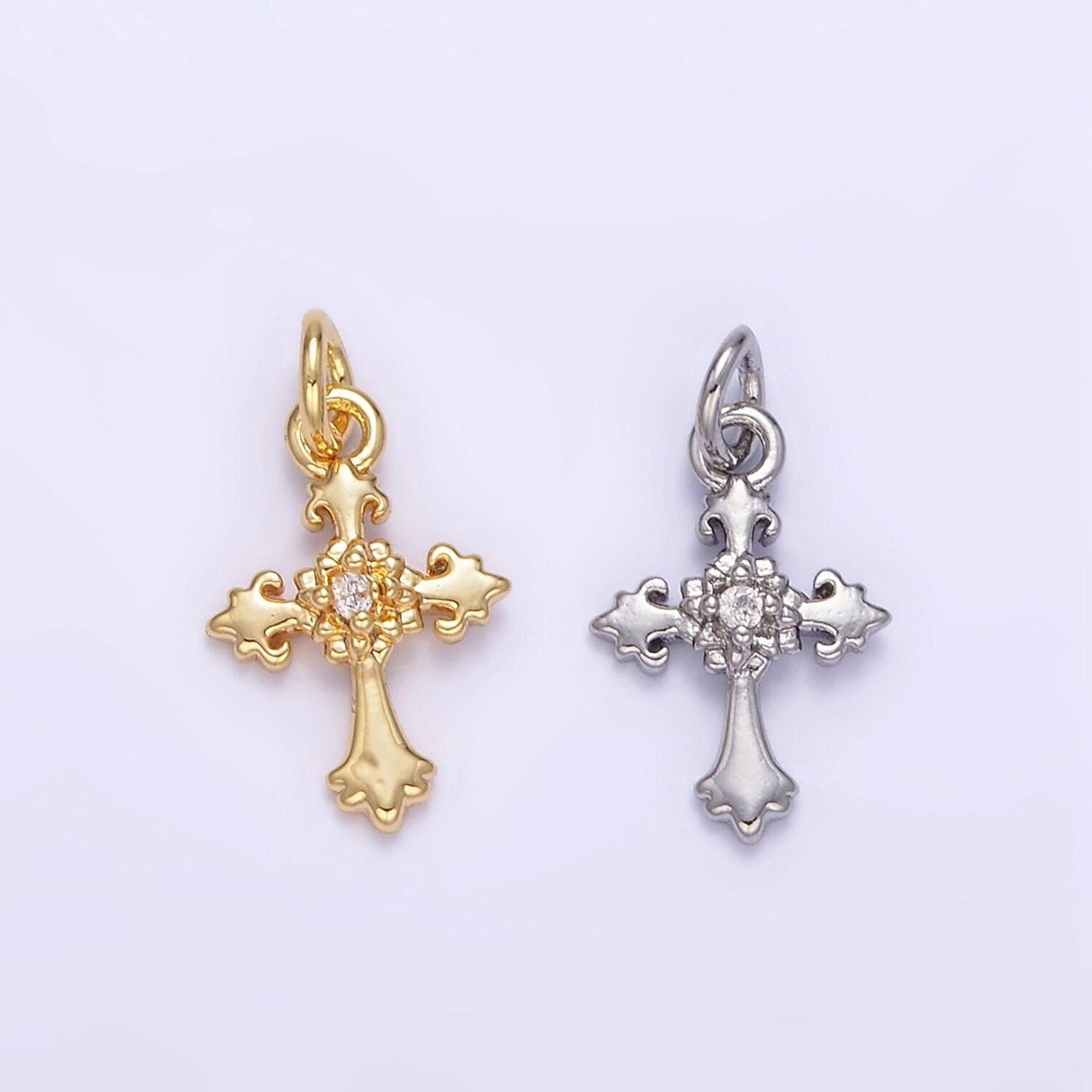Mini gold cross pendant clear cubic zirconia victorian old english cross charm ag845