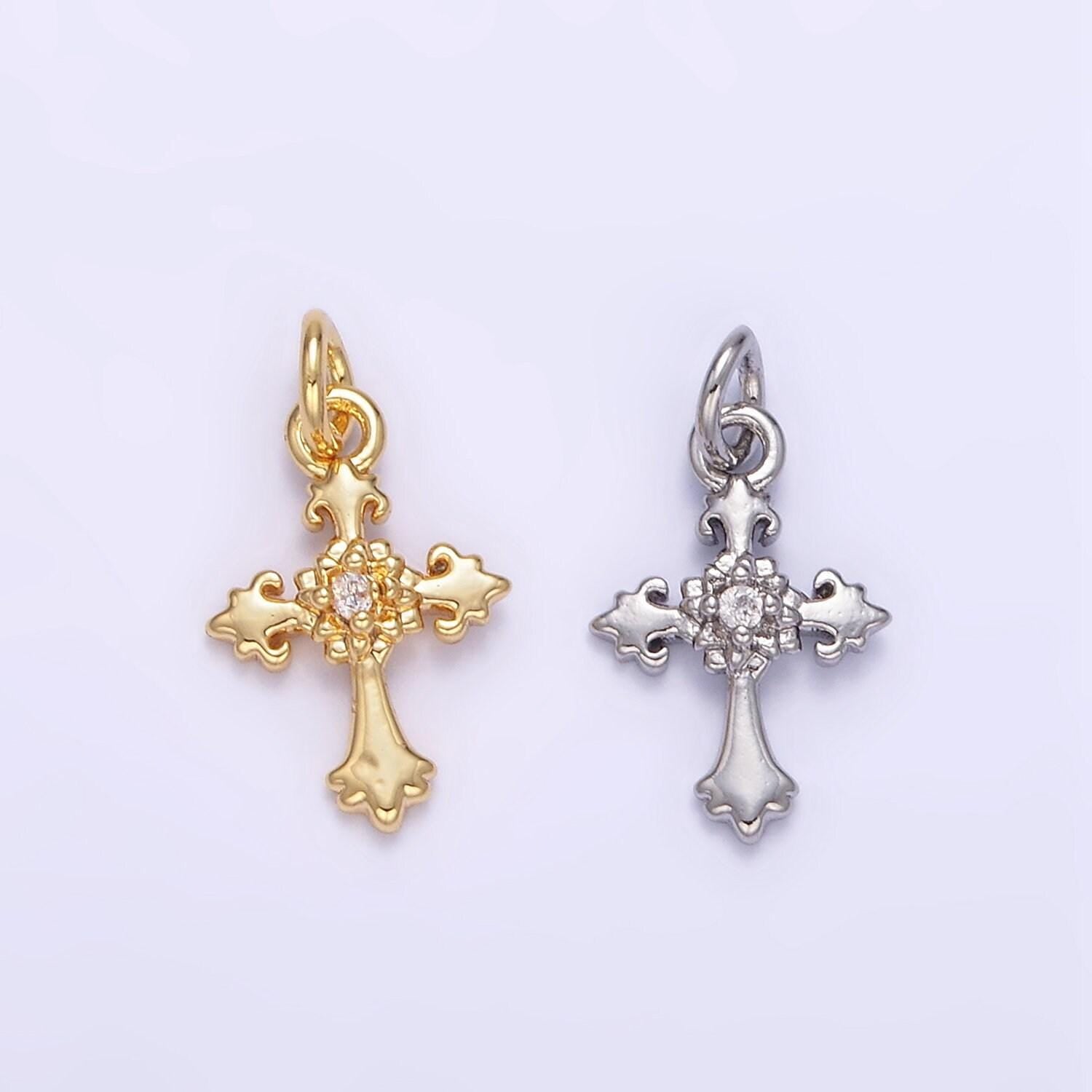Mini gold cross pendant clear cubic zirconia victorian old english cross charm ag845