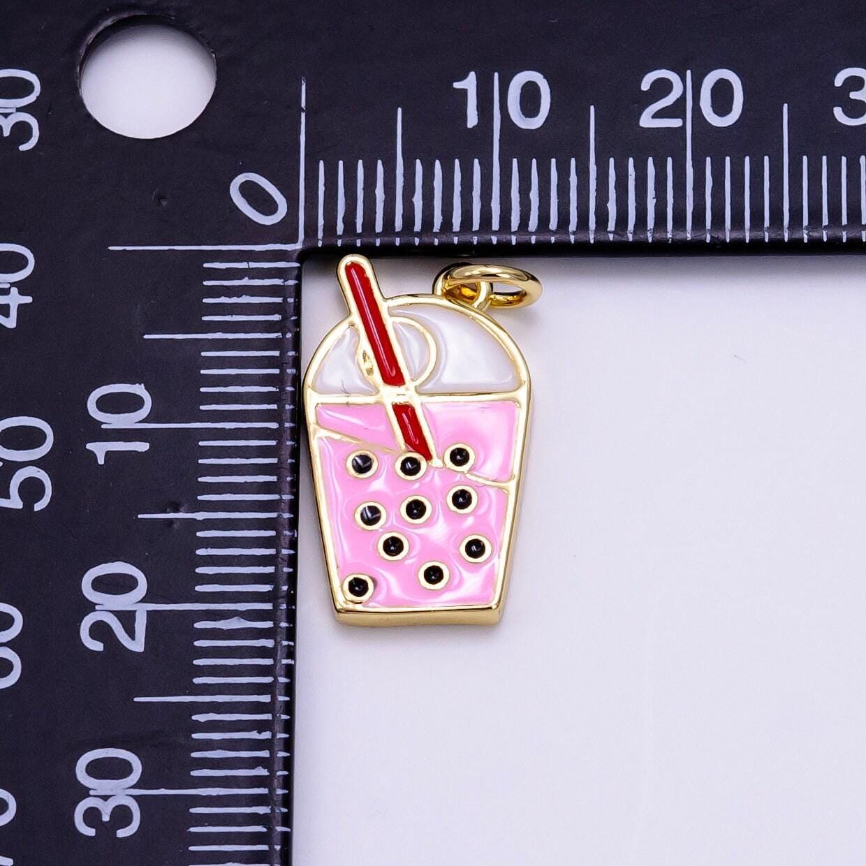 14k gold filled bubble boba drink pink enamel charm strawberry milk tea inspired asian kawaii charm | ag755