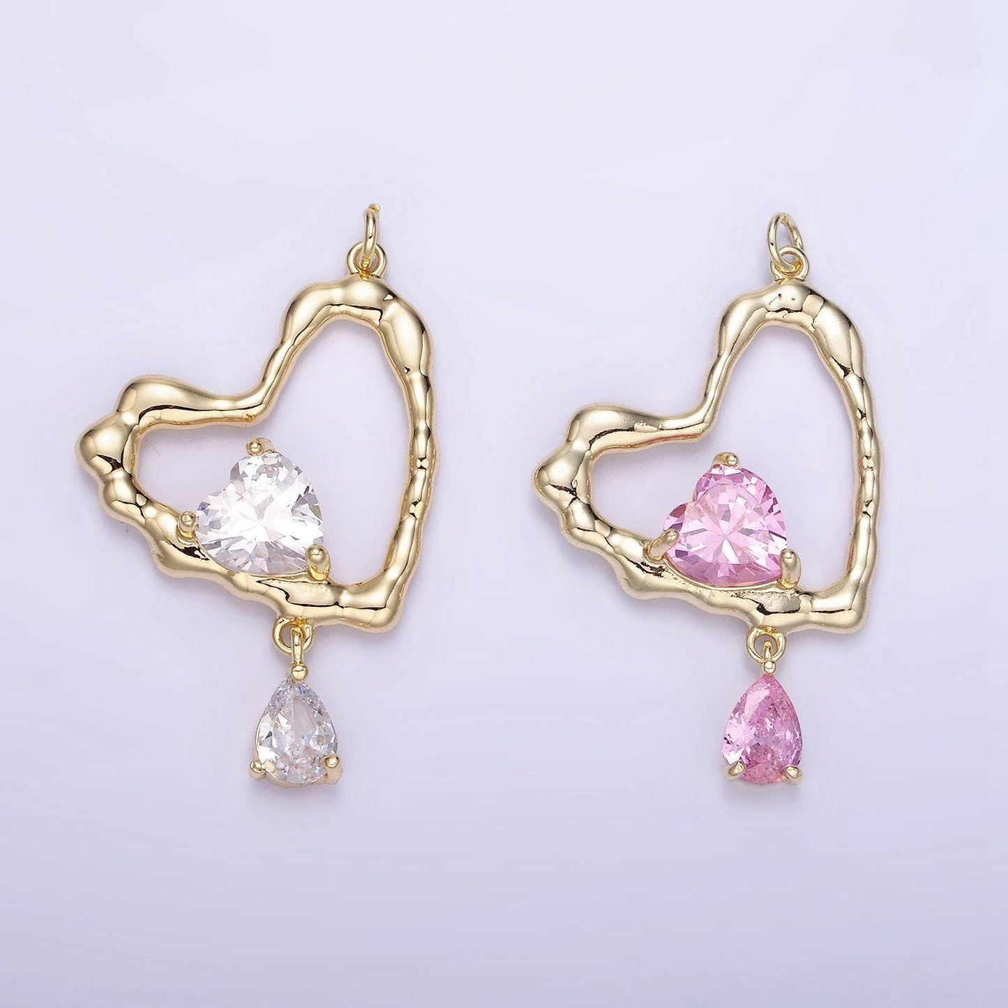 Rustic gold heart charm for necklace earring component open heart pendant with teardrop cz dangle charm minimalist jewelry supply ag-712