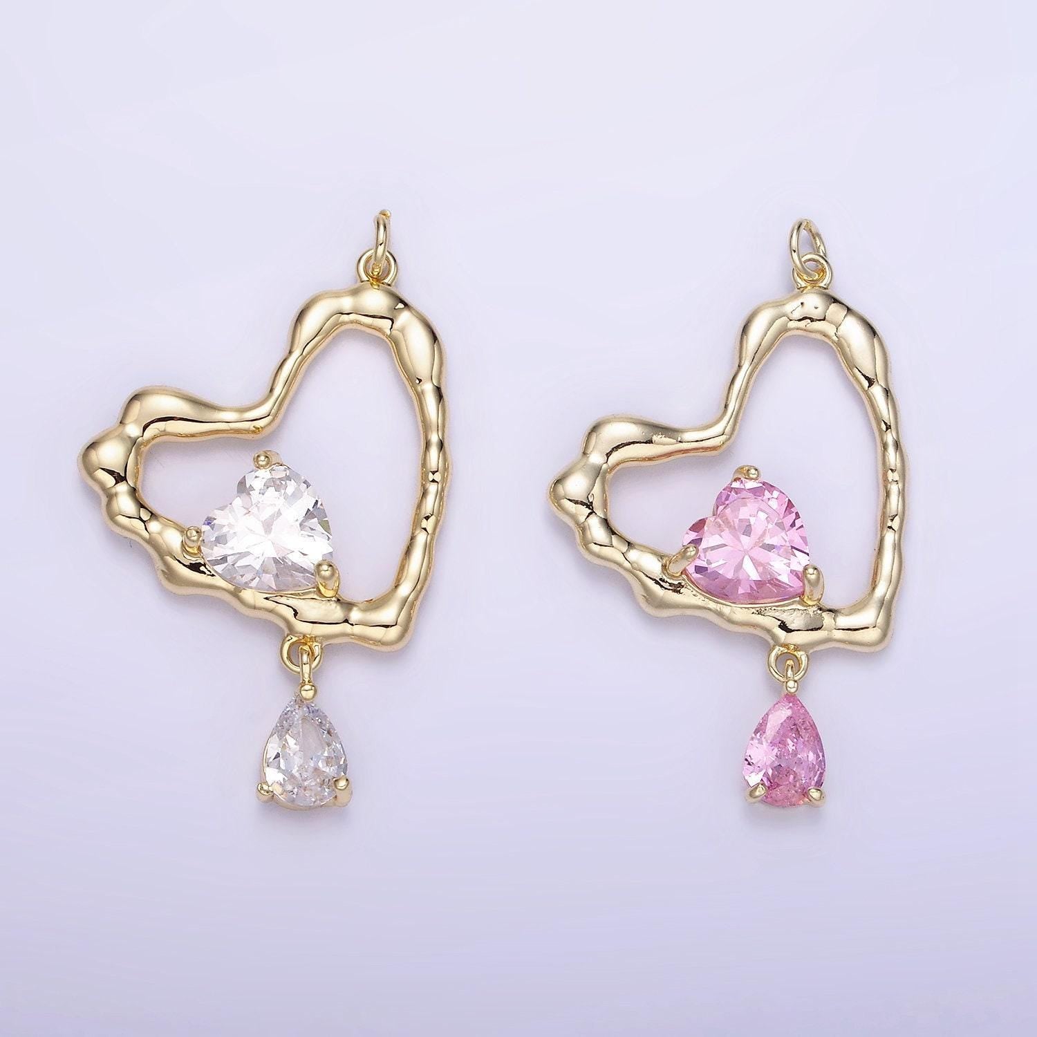 Rustic gold heart charm for necklace earring component open heart pendant with teardrop cz dangle charm minimalist jewelry supply ag-712