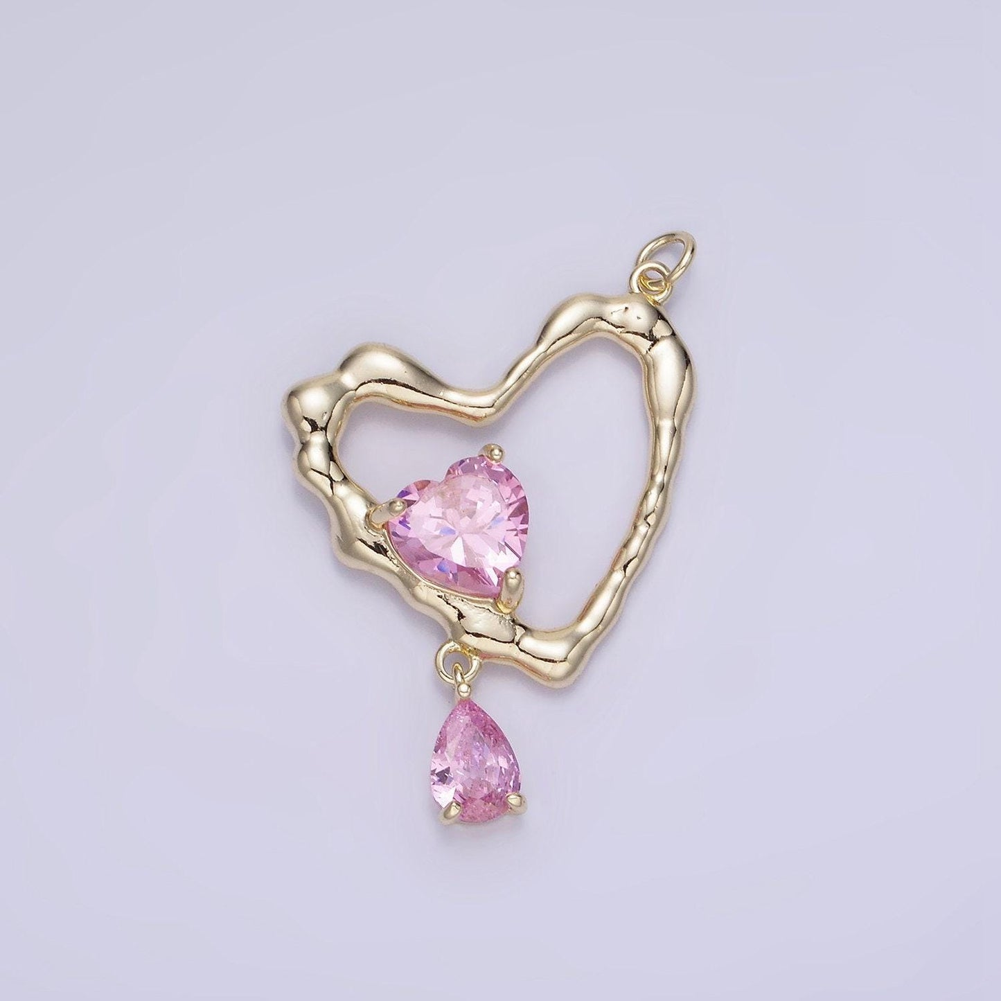 Rustic gold heart charm for necklace earring component open heart pendant with teardrop cz dangle charm minimalist jewelry supply ag-712