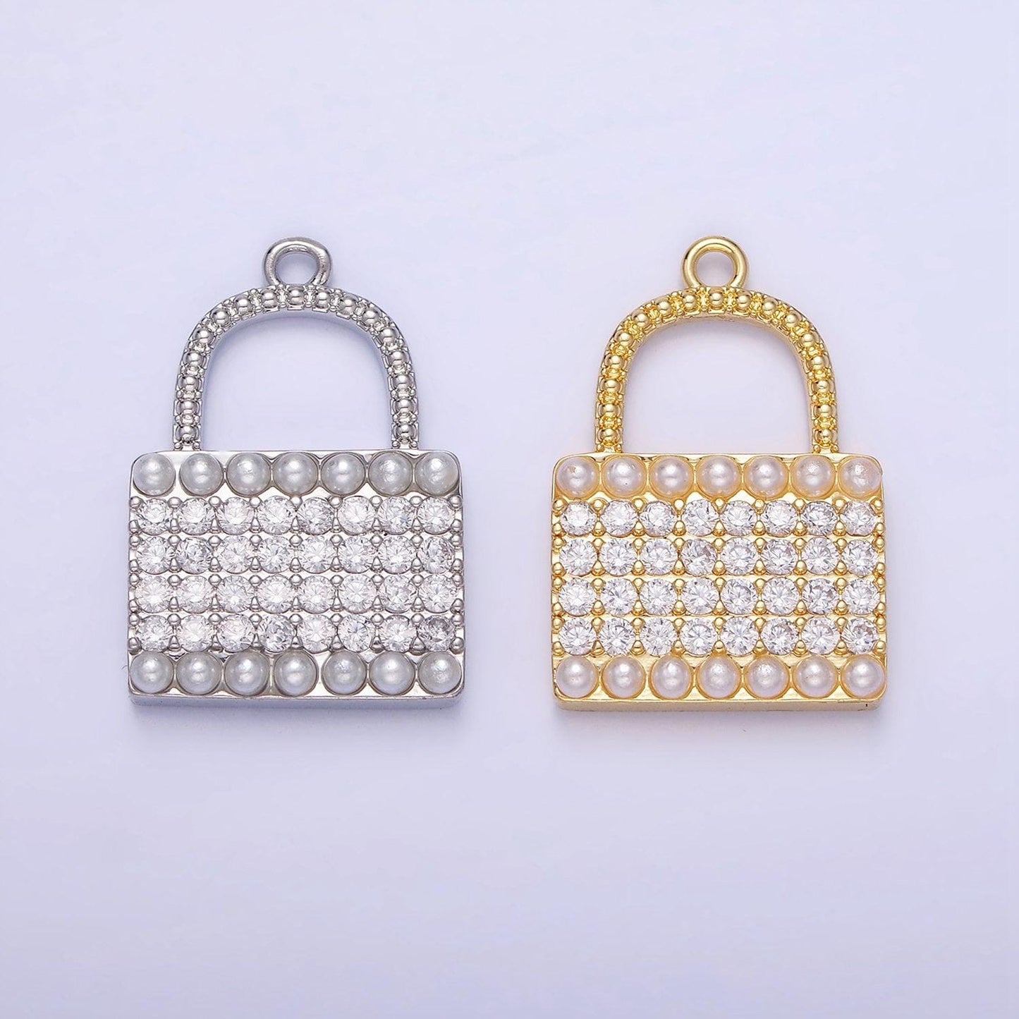 14k gold filled micro paved cz pearl lined padlock charm in gold & silver | ag-691
