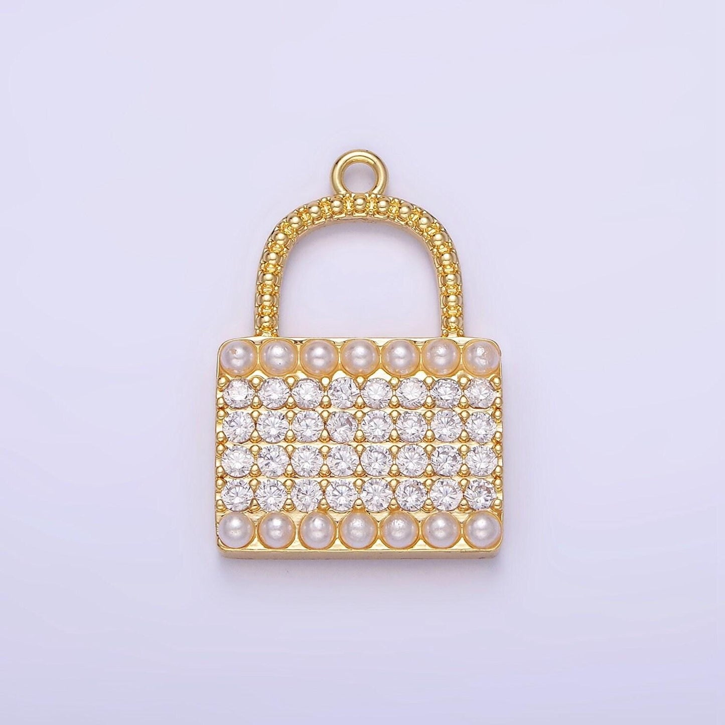 14k gold filled micro paved cz pearl lined padlock charm in gold & silver | ag-691