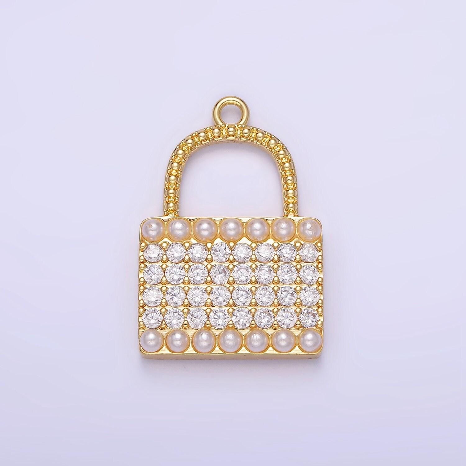 14k gold filled micro paved cz pearl lined padlock charm in gold & silver | ag-691