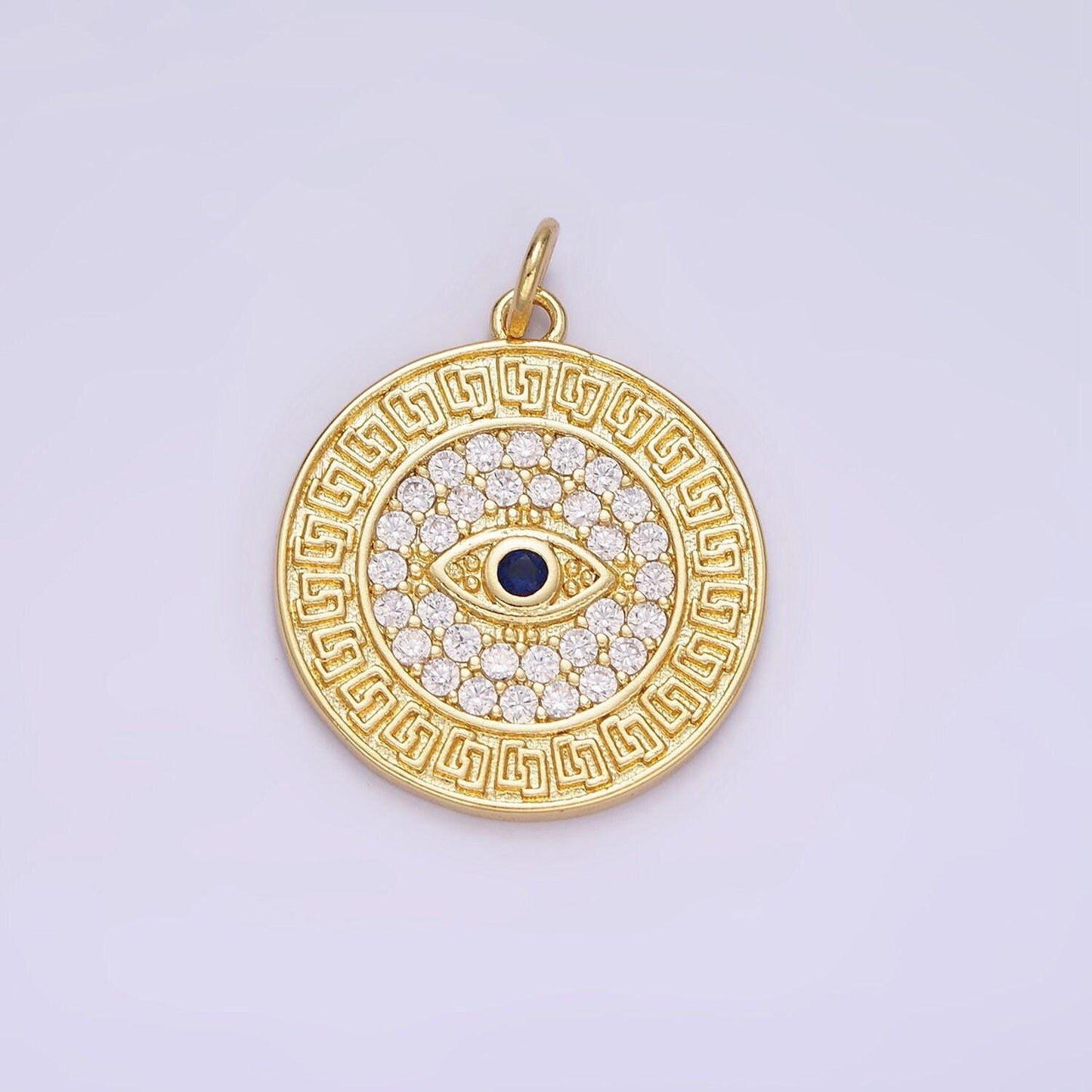 14k gold filled 23mm blue evil eye micro paved cz round charm in gold & silver | ag649
