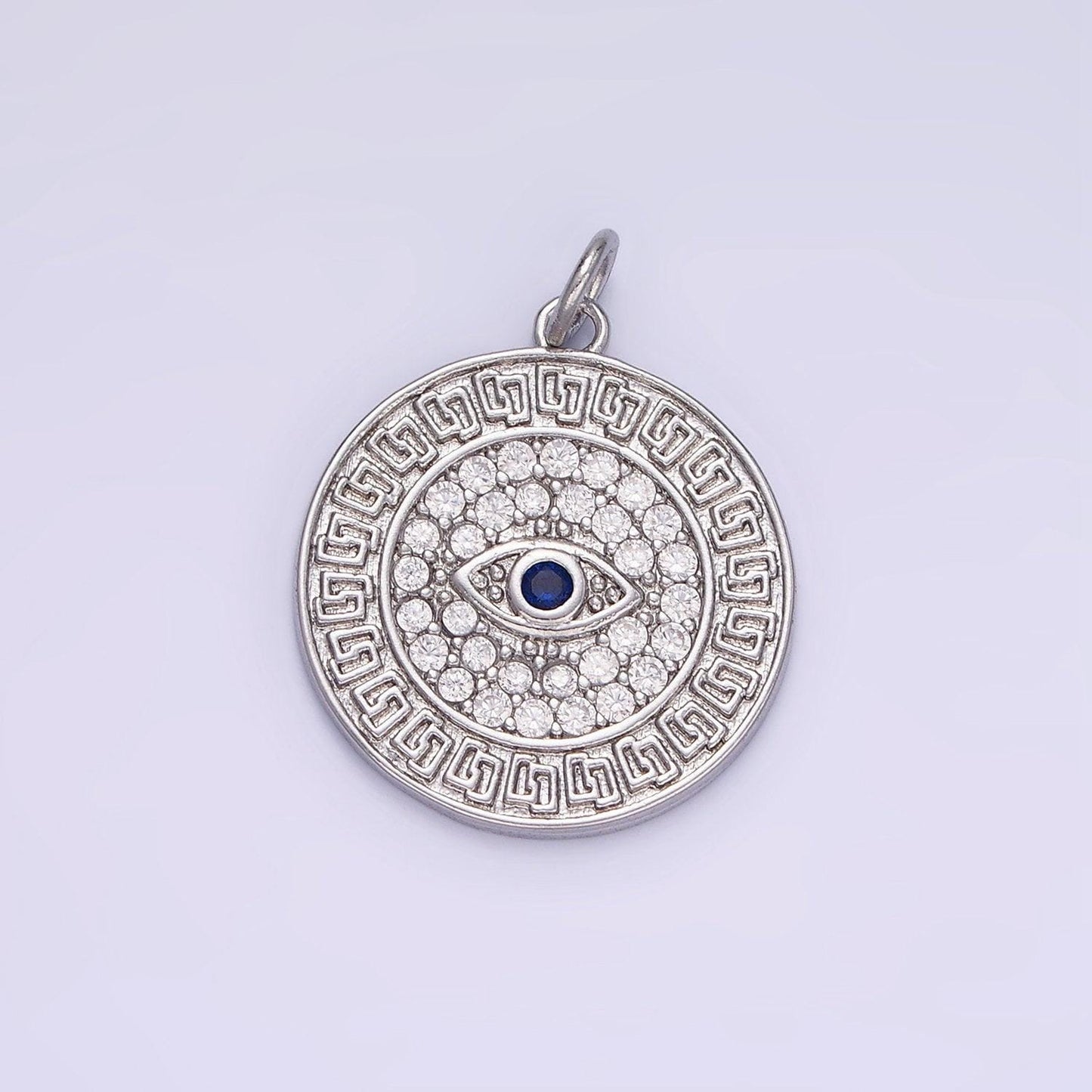 14k gold filled 23mm blue evil eye micro paved cz round charm in gold & silver | ag649