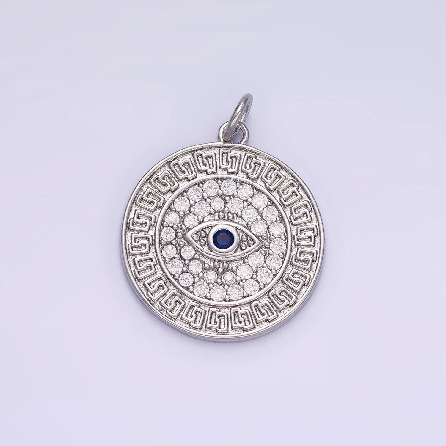 14k gold filled 23mm blue evil eye micro paved cz round charm in gold & silver | ag649