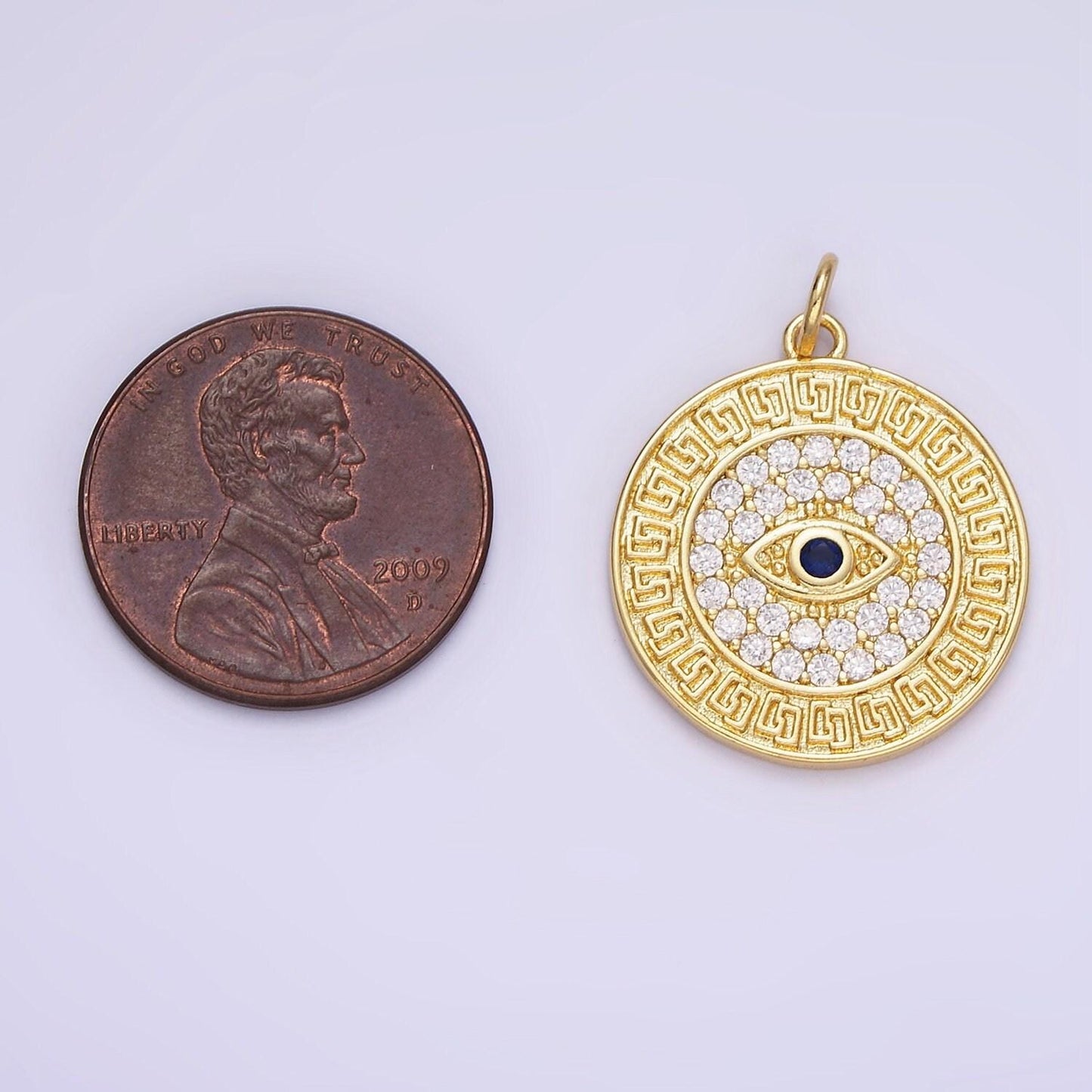 14k gold filled 23mm blue evil eye micro paved cz round charm in gold & silver | ag649