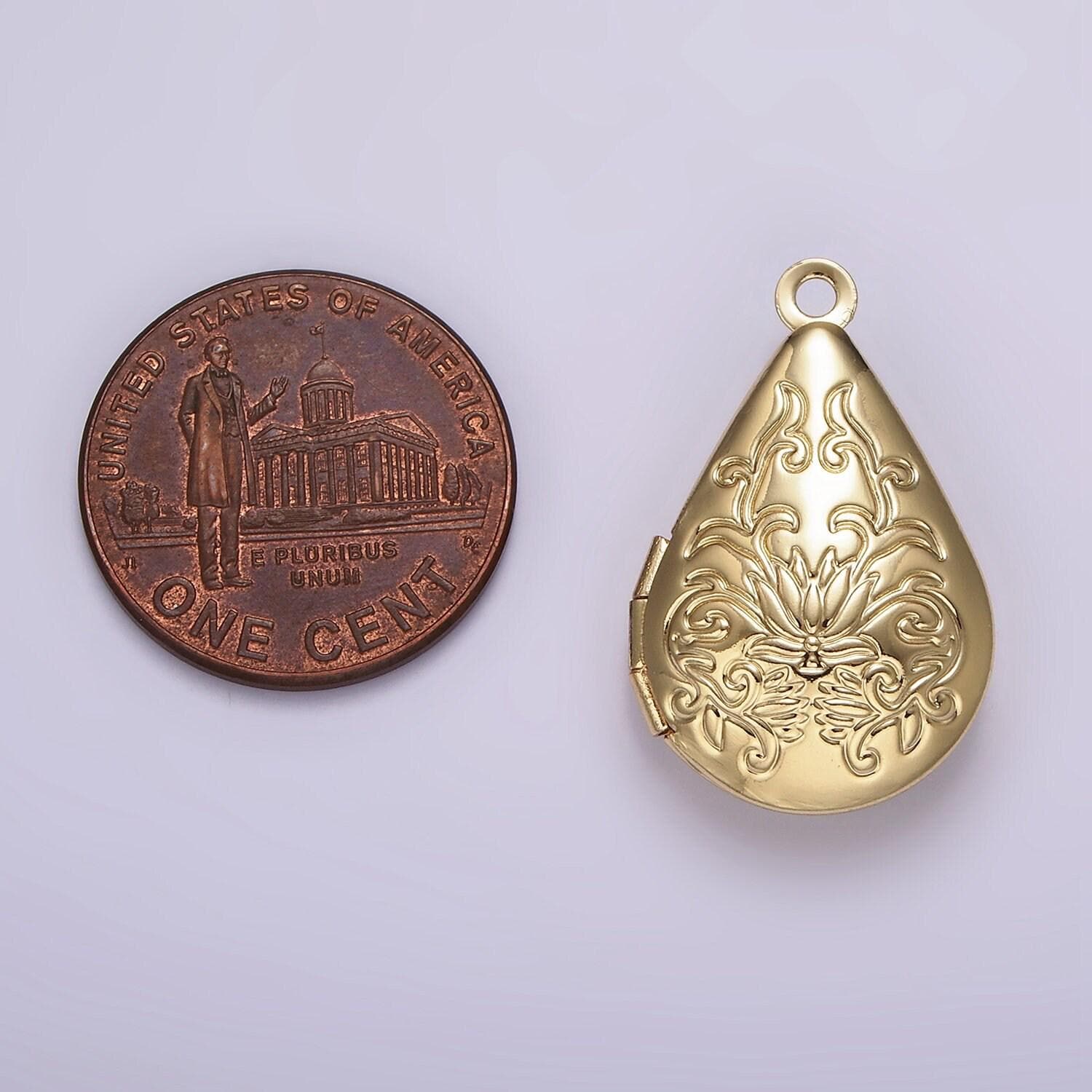 14k gold filled flower vine leaf teardrop dome minimalist locket charm | AA1328