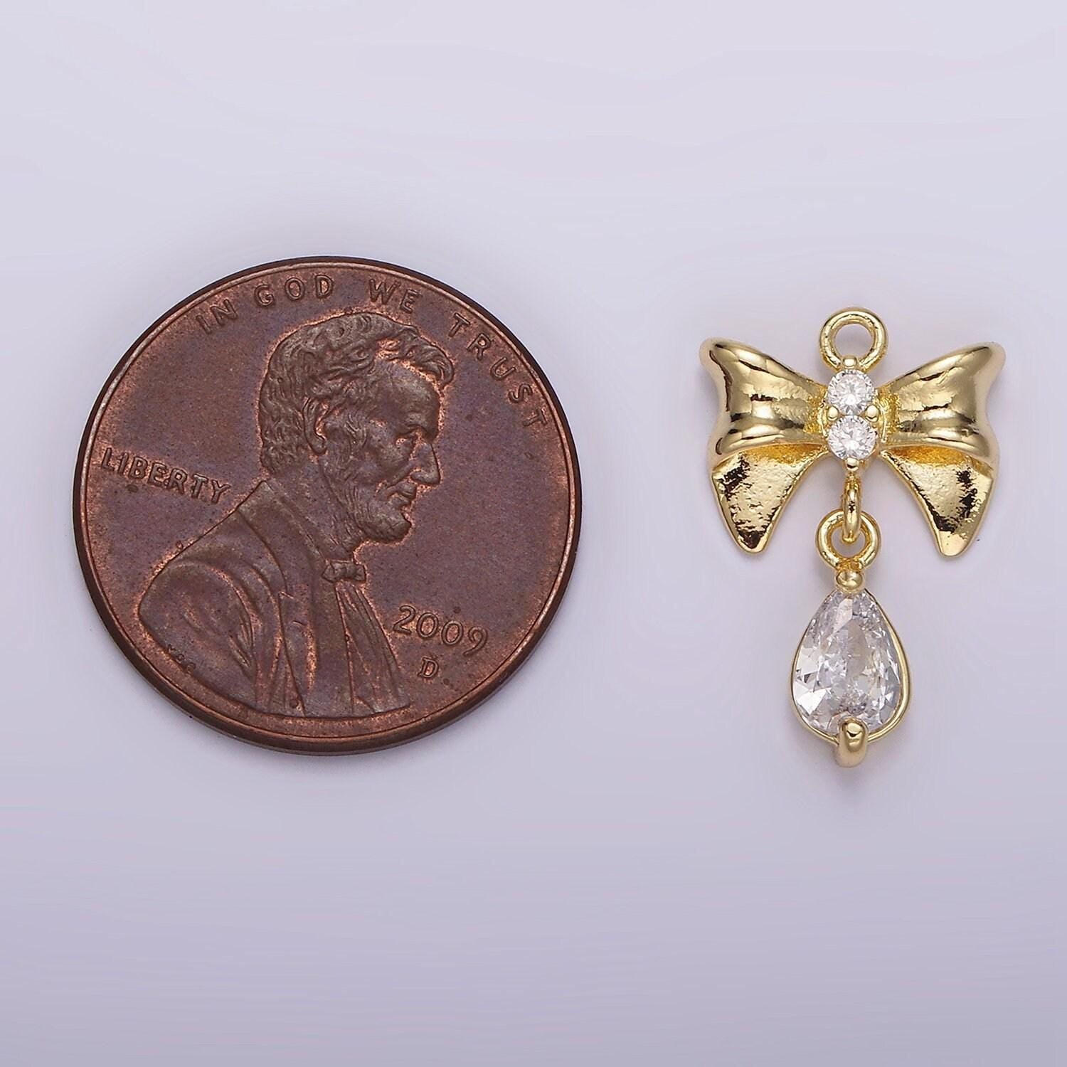 Mini 14k gold filled ribbon bow charm with tear drop micro paved cz charm for earring necklace bralcet component | ag615