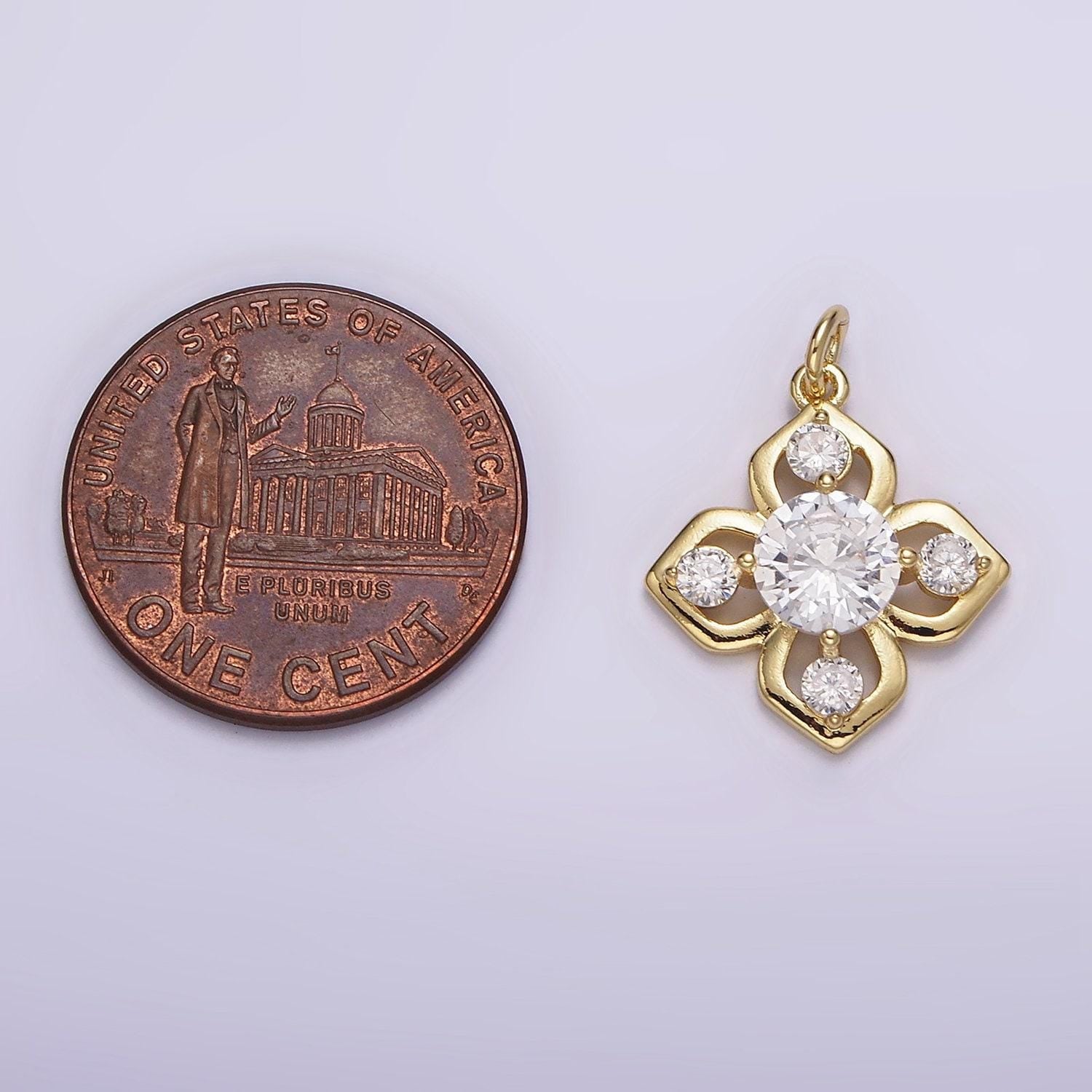 Gold flower clear cz antique artisan quatrefoil clover charm pendant floral charm | ag599