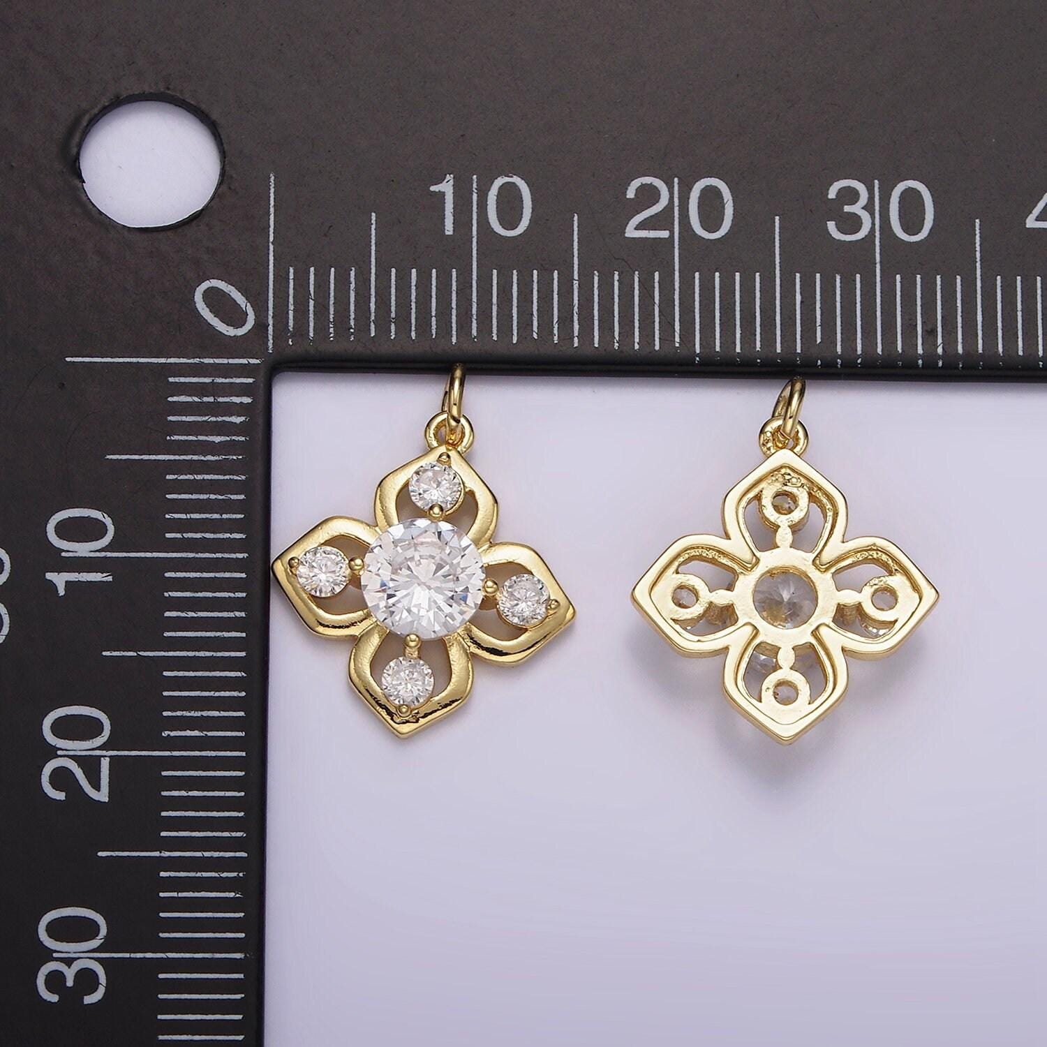Gold flower clear cz antique artisan quatrefoil clover charm pendant floral charm | ag599