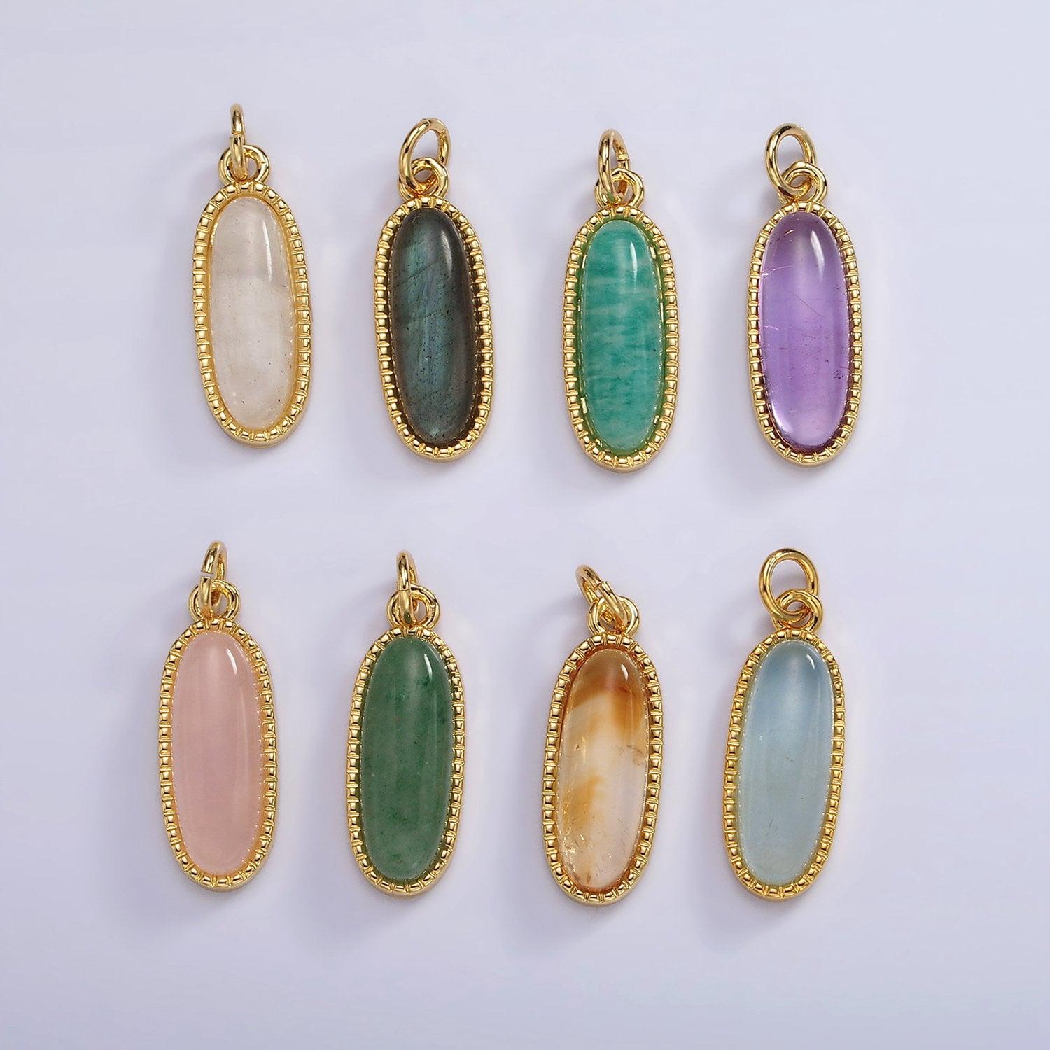 Long oval dainty gemstone drop charm gold rim bezel semi precious gemstone pendant for necklace bracelet earring component ag566