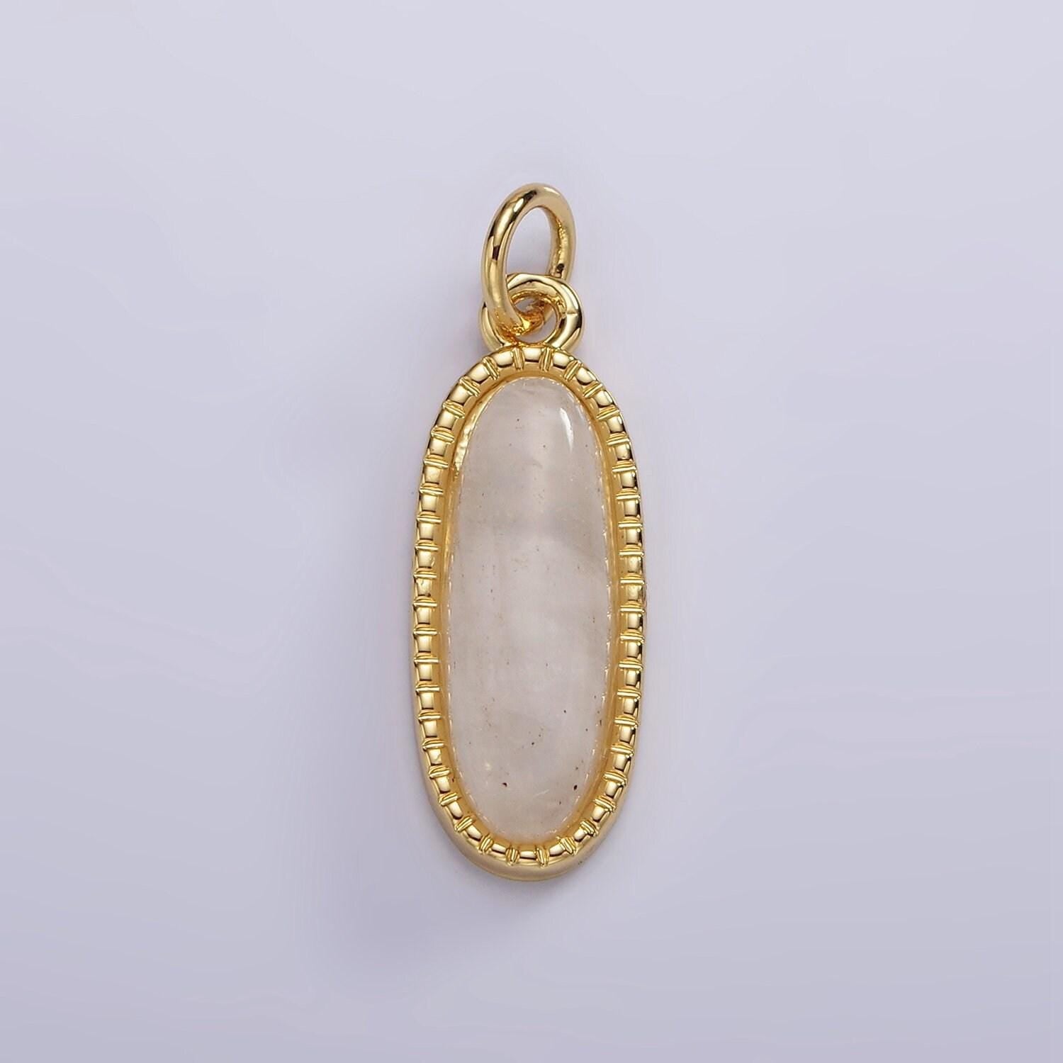 Long oval dainty gemstone drop charm gold rim bezel semi precious gemstone pendant for necklace bracelet earring component ag566