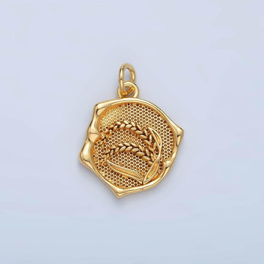 Wheat charm gold filled over brass dainty crops rice harvest vegan medallion charm round rustic pendant for minimalist jewelry supply ag565