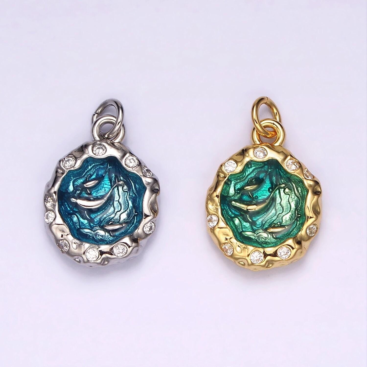 14k gold filled teal sea ocean triple fish whale dolphin cz hammered charm in gold & silver | ag564