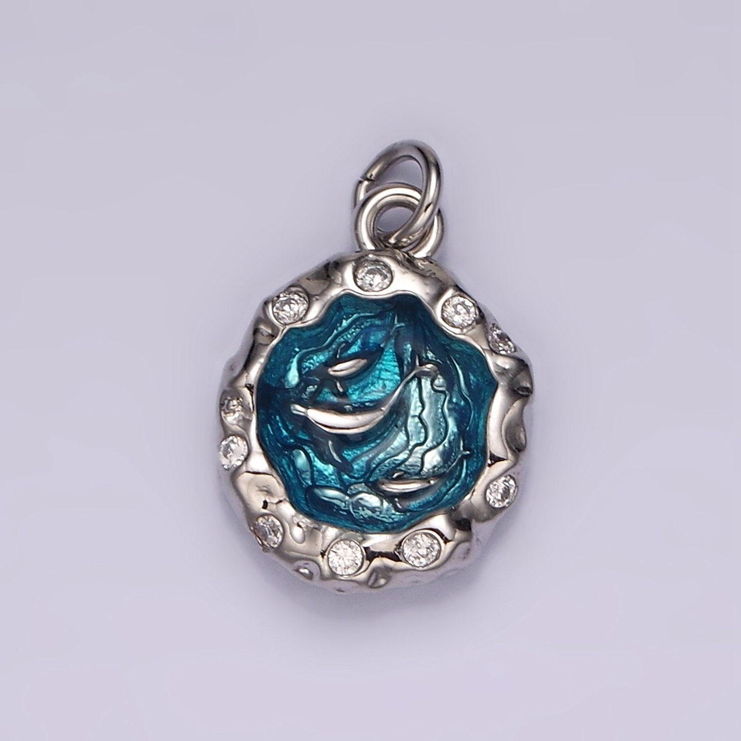 14k gold filled teal sea ocean triple fish whale dolphin cz hammered charm in gold & silver | ag564