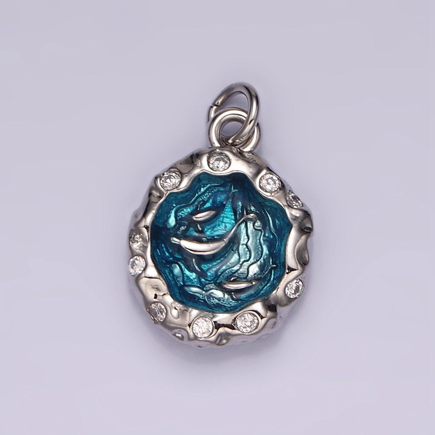 14k gold filled teal sea ocean triple fish whale dolphin cz hammered charm in gold & silver | ag564