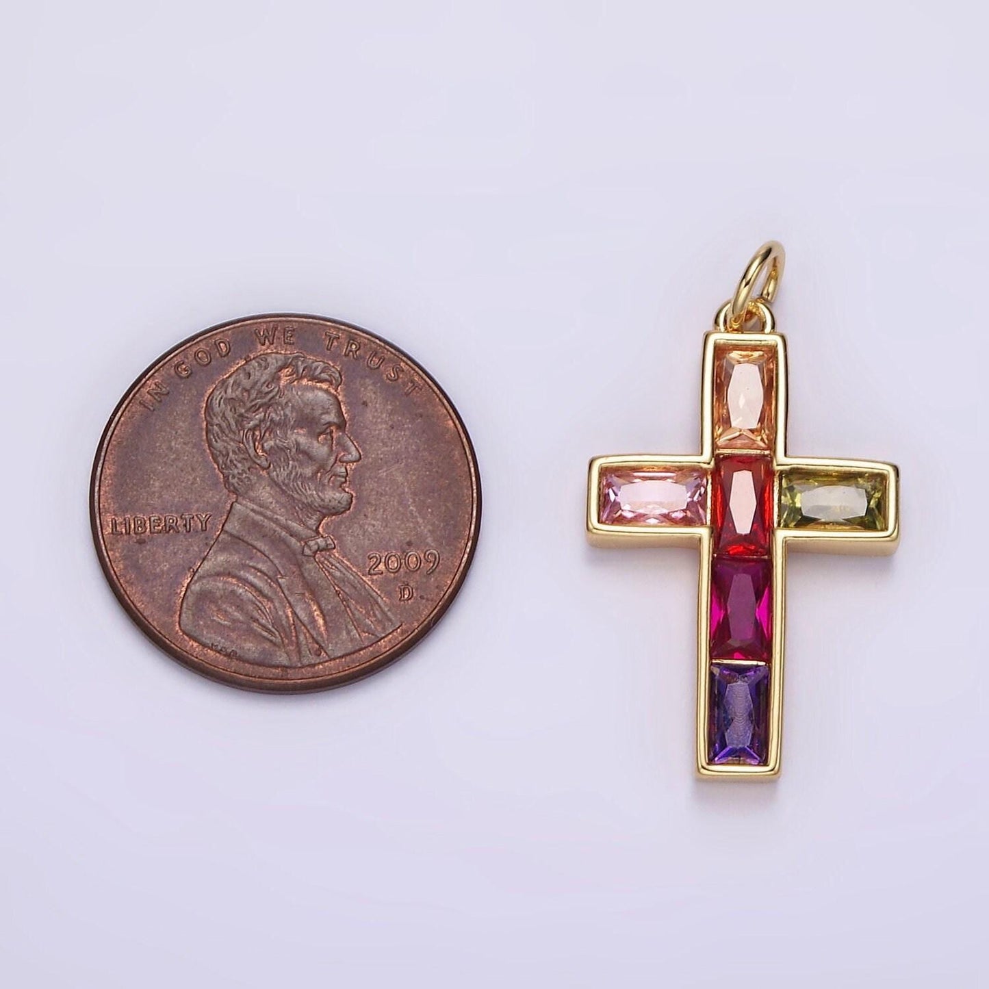 Gold baguette simple rainbow cross charm multi color cz cross pendant for religious necklace jewelry making christmas gift ag535