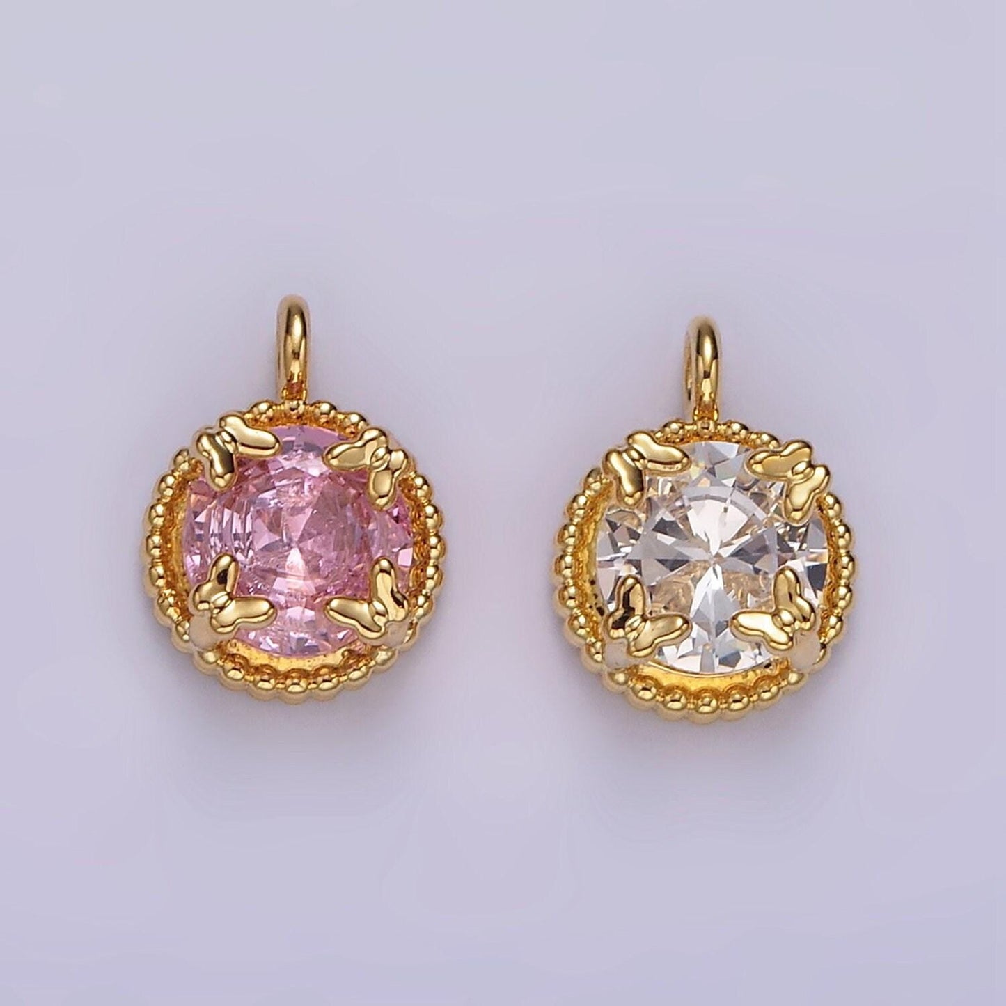 14k gold filled clear, pink round cz butterfly dotted bezel charm | ag533 ag534