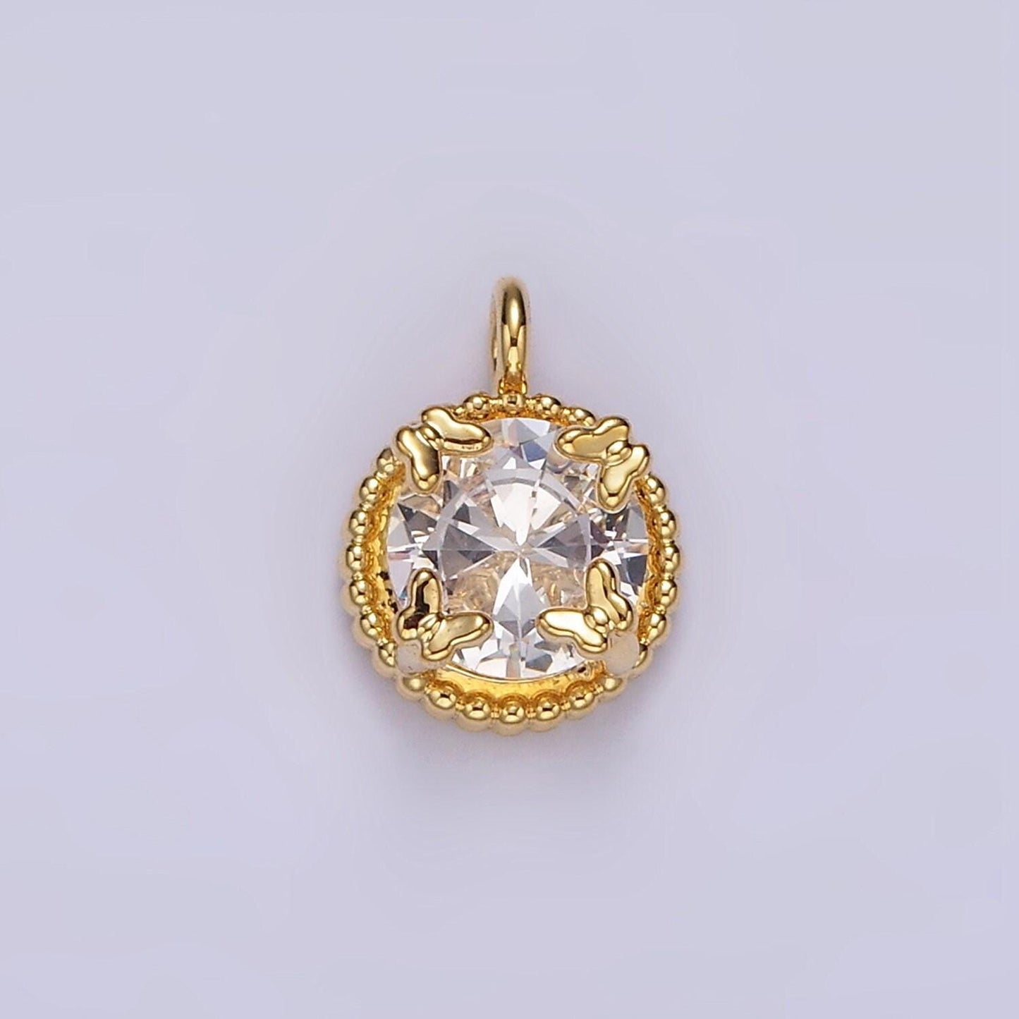 14k gold filled clear, pink round cz butterfly dotted bezel charm | ag533 ag534