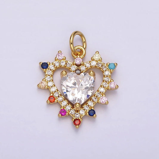 14k gold filled double heart micro paved multicolor cz dotted outline charm | ag523