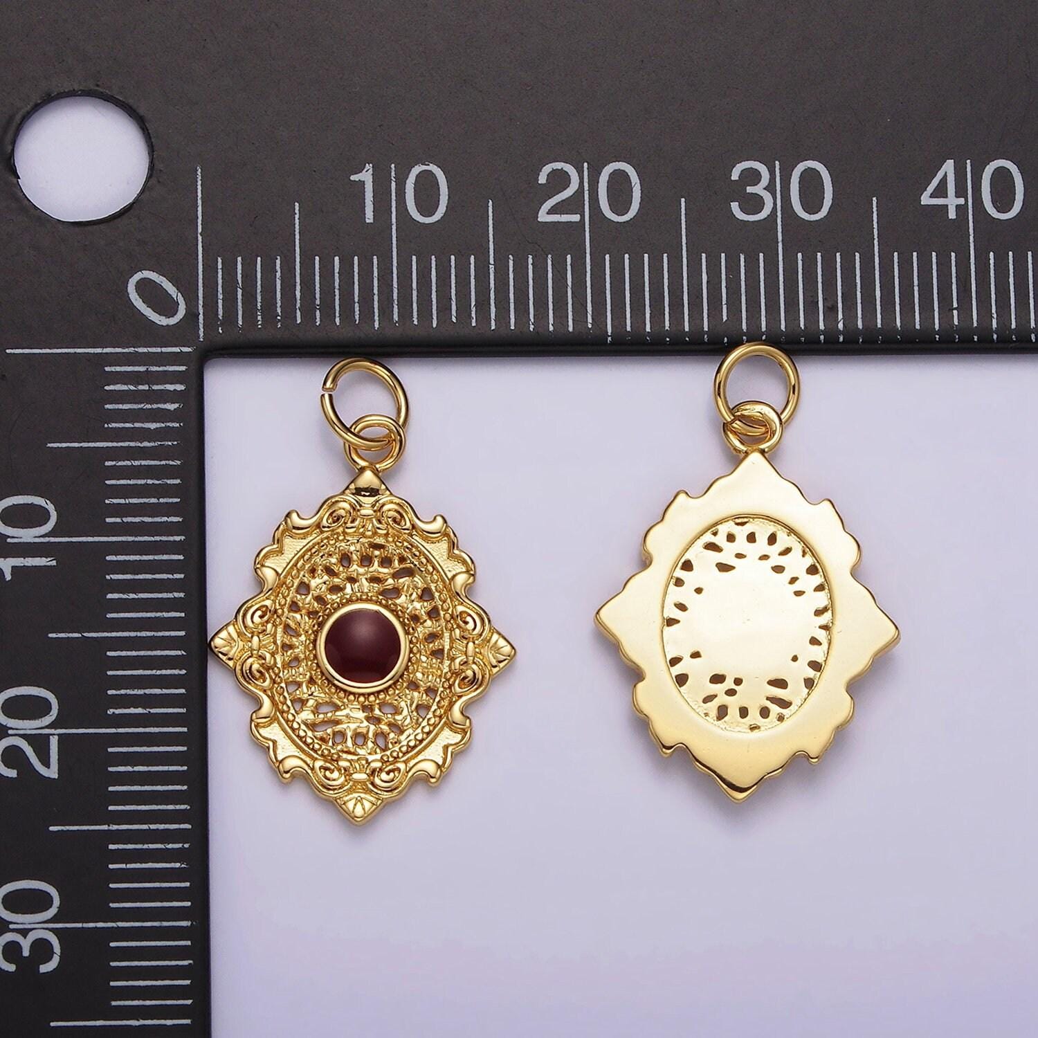 14k gold filled white, red enamel open artisan oval charm | ag520 ag521