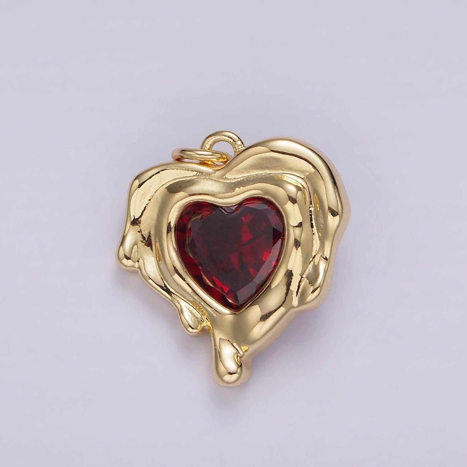 14k gold filled red, clear, purple cz heart molten drip bezel charm | ag506 - ag508