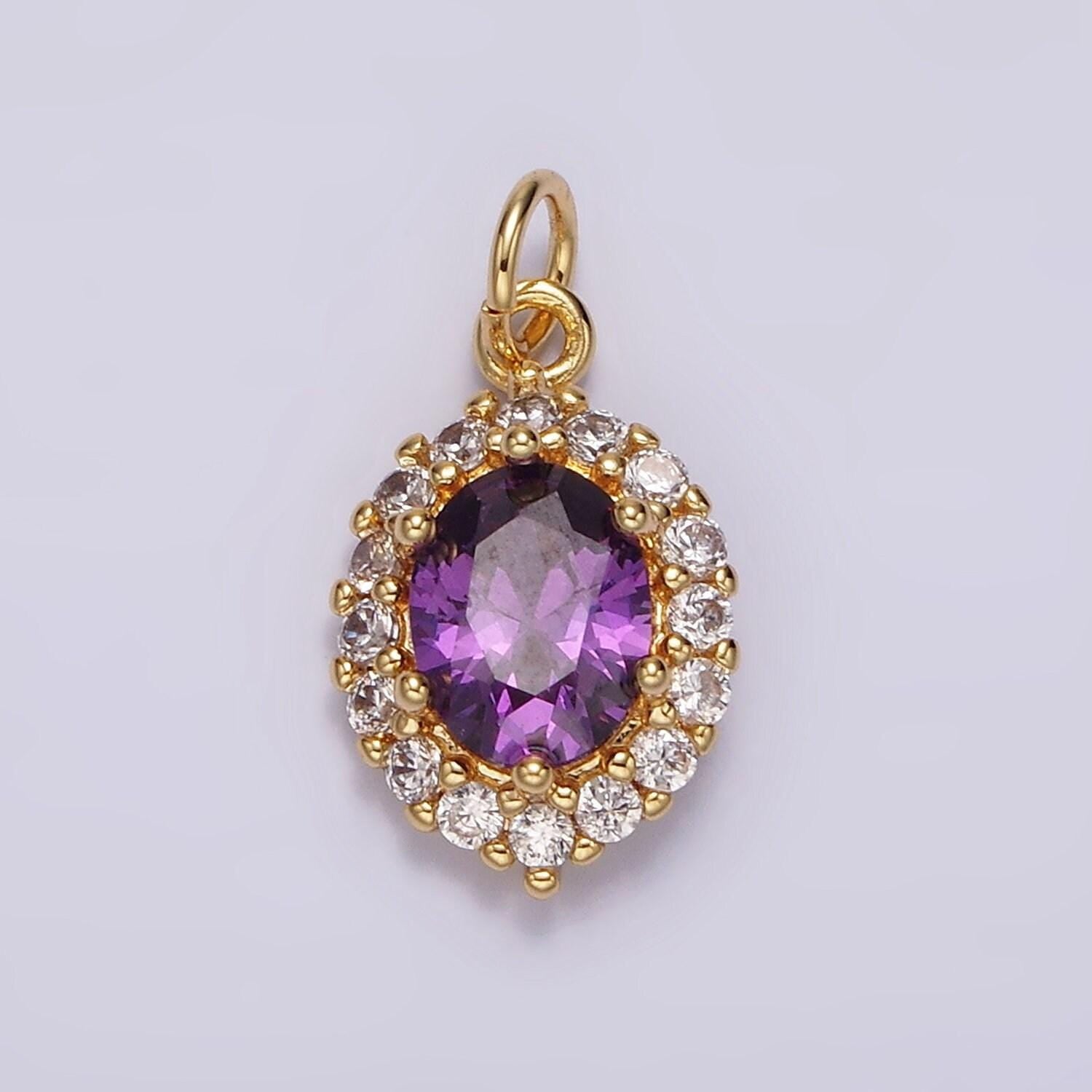 14k gold filled purple cz sun burst charm oval micro pave pendant for necklace bracelet earring component | ag498