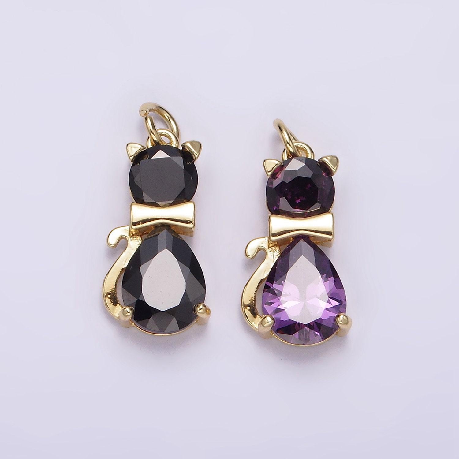 14k gold filled black, purple cz bow-tied kitty cat animal charm | ag496 ag497