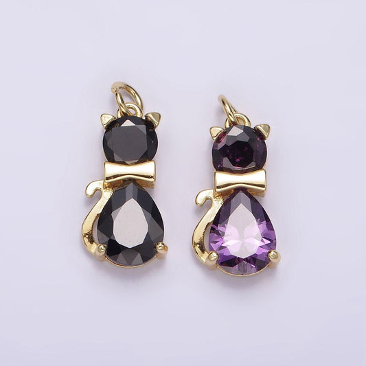 14k gold filled black, purple cz bow-tied kitty cat animal charm | ag496 ag497
