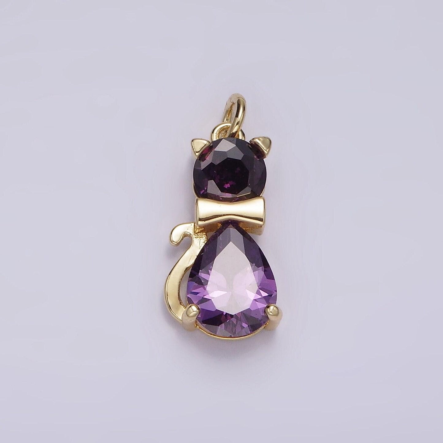 14k gold filled black, purple cz bow-tied kitty cat animal charm | ag496 ag497