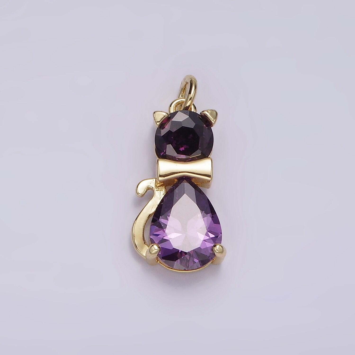 14k gold filled black, purple cz bow-tied kitty cat animal charm | ag496 ag497