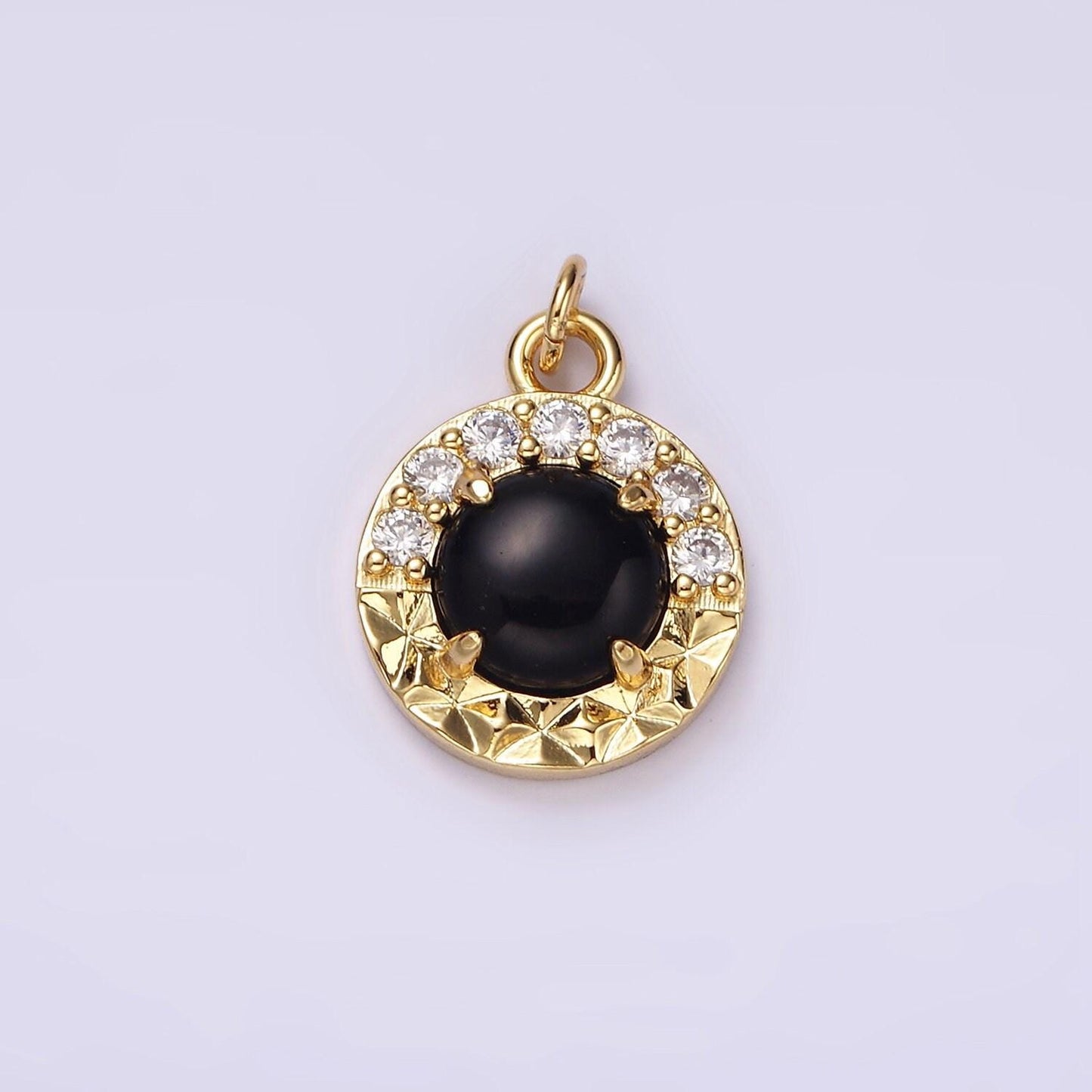 14k gold filled onyx sunburst micro paved cz round bezel charm | ag489