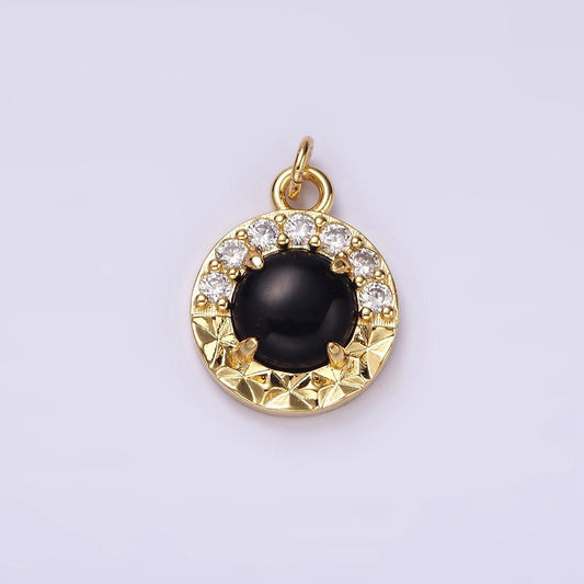 14k gold filled onyx sunburst micro paved cz round bezel charm | ag489
