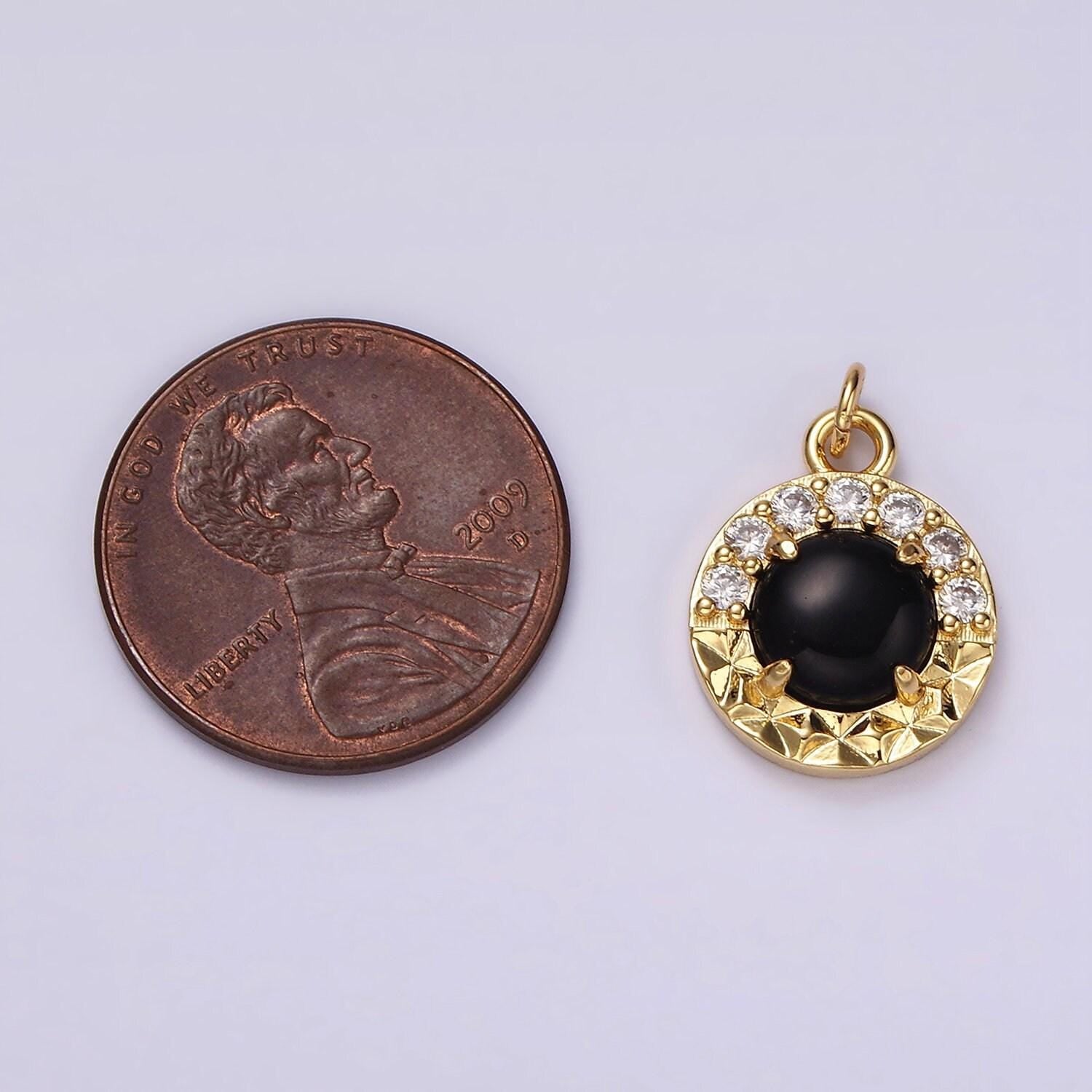 14k gold filled onyx sunburst micro paved cz round bezel charm | ag489