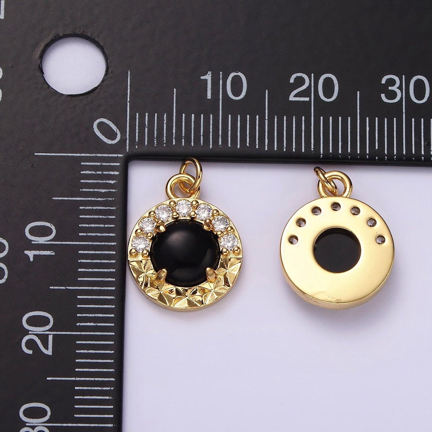 14k gold filled onyx sunburst micro paved cz round bezel charm | ag489