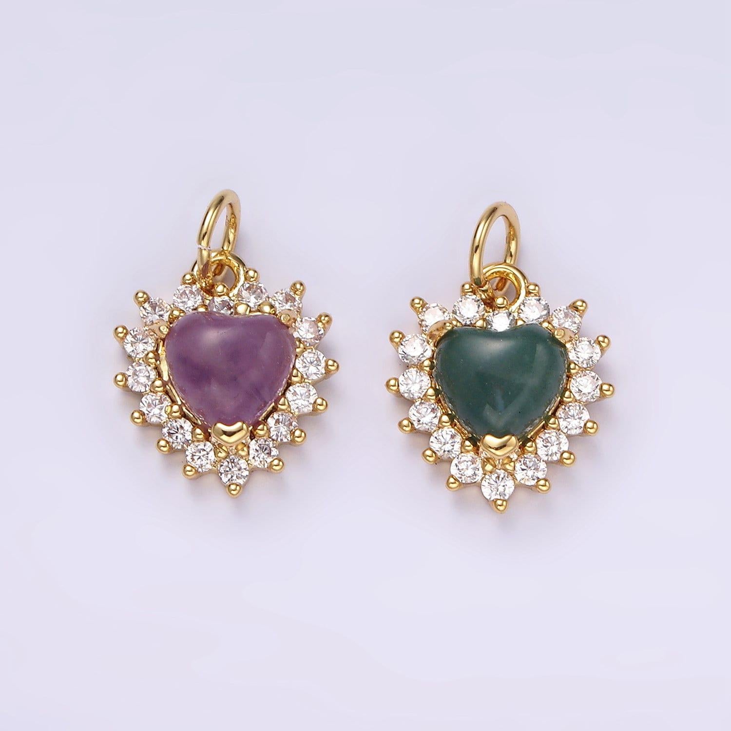 14k gold filled amethyst, moss agate heart cz lined charm | ag486 ag487