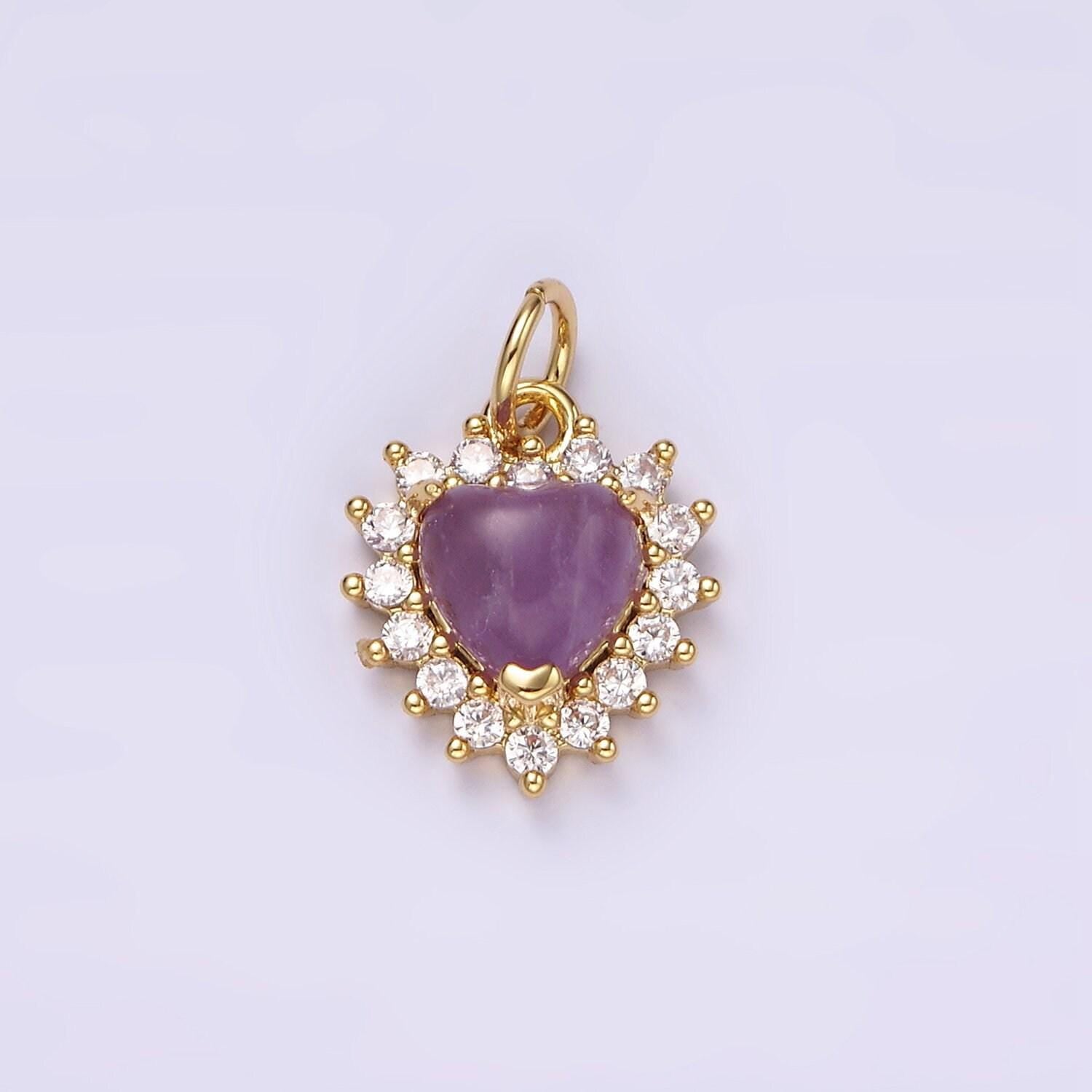 14k gold filled amethyst, moss agate heart cz lined charm | ag486 ag487
