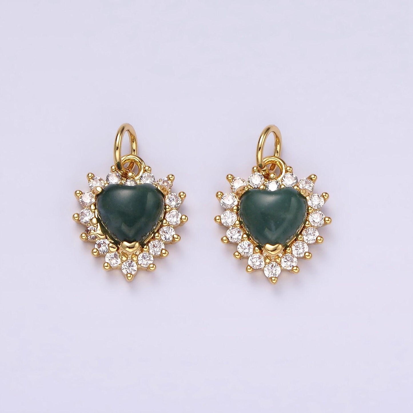 14k gold filled amethyst, moss agate heart cz lined charm | ag486 ag487