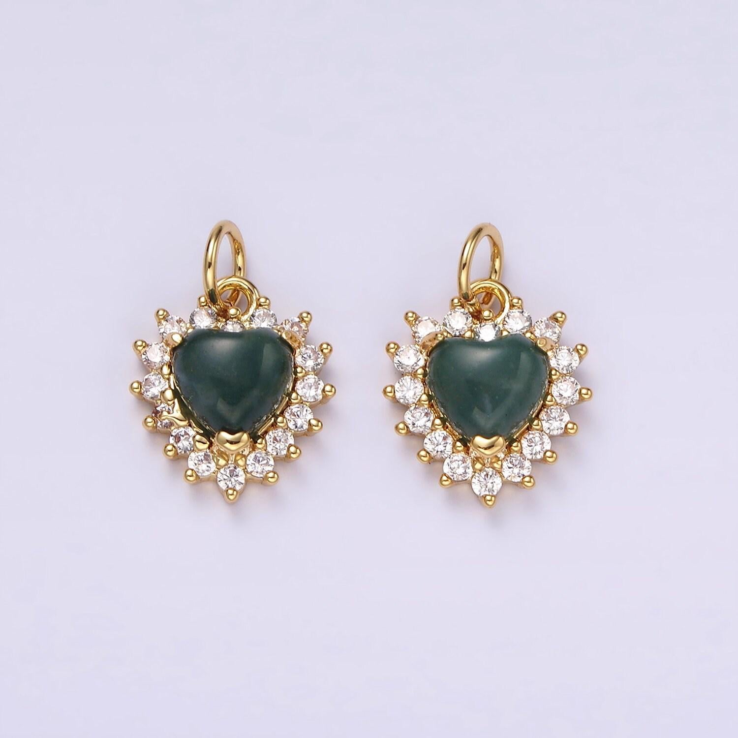 14k gold filled amethyst, moss agate heart cz lined charm | ag486 ag487