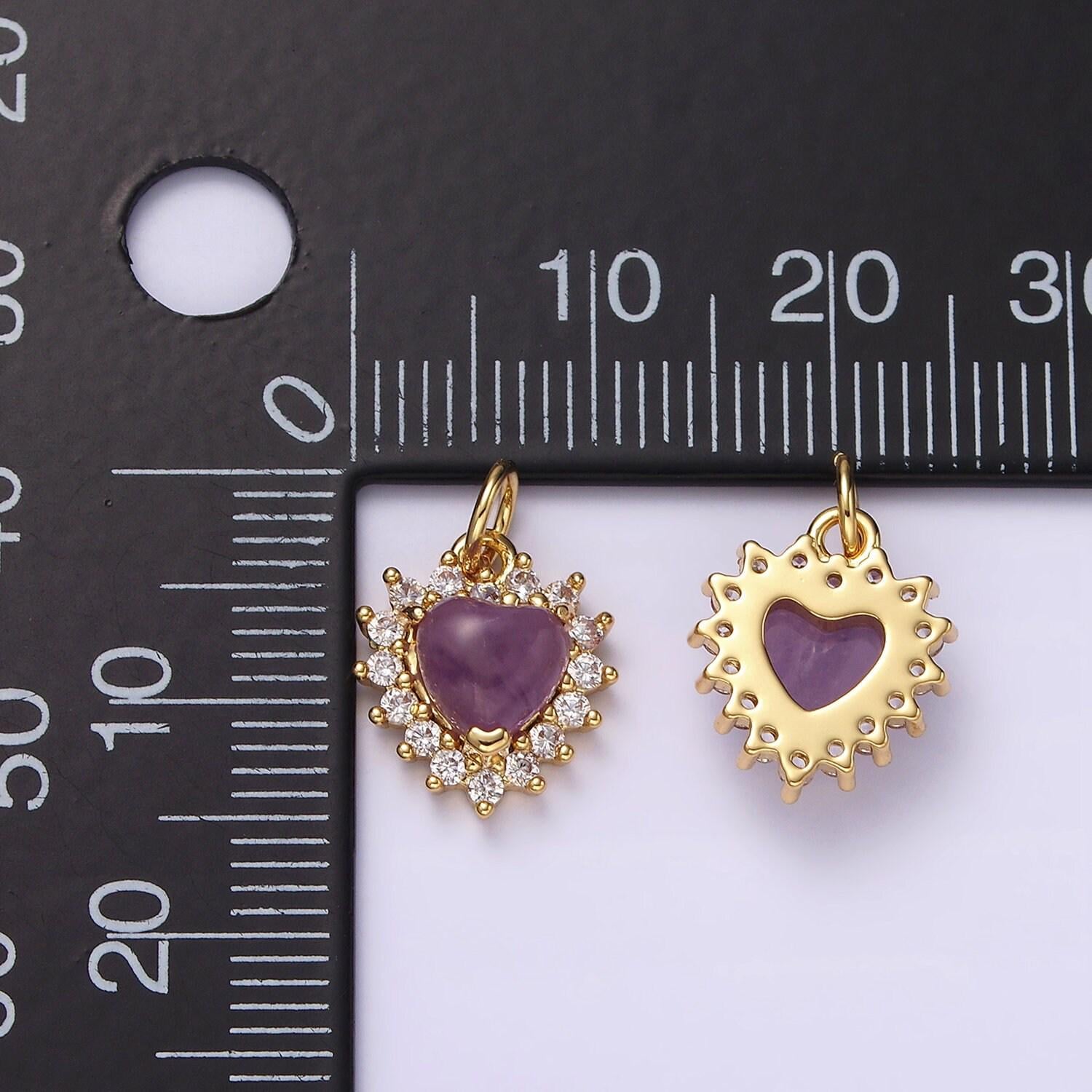 14k gold filled amethyst, moss agate heart cz lined charm | ag486 ag487